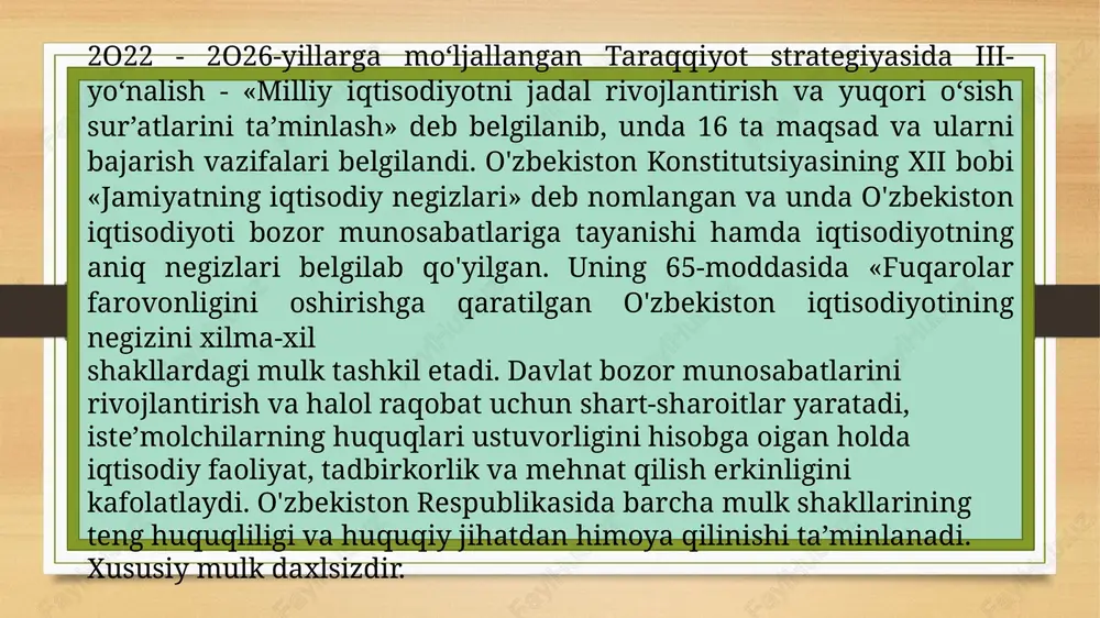 jatlariga muvofiq qo'lga kiritilgan mol-mulkka egalik qilish, undan foydalanish va uni tasarruf etish huquqidir. xususiy mulk bo'lgan mol-mulkning miqdori va qiymati cheklanmaydi. bu yerda mulk qonun hujjatlariga muvofiq qo'lga kiritilgan, degan so'zning ma’nosi keng. chunki qonun hujjatlarida mulkni qo'lga kiritishning ko'plab yo'llari ko'rsatilgan, masalan, sotib olish, xususiylashtirish, asrash, meros olish, hadya olish, yutib olish va boshqalar. qonun bilan man etilgan ayrim ashyolardan tashqari, har qanday mol-mulk xususiy mulk bo'lishi mumkin. mulkka bo'lgan huquqning vujudga kelish asoslari fuqarolik kodeksida belgilangan. mulkning ikkinchi turi - ommaviy mulkdir. respublika mulki va ma’muriy-hududiy tuzilmalar mulkidan (munitsipal mulk) iborat bo'lgan davlat mulki ommaviy mulkdir, ya’ni ommaviy davlat mulkiga nisbatan qo'llanadigan atama. yer, yer osti boyliklari, suv, havo bo'shlig'i, o'simlik va hayvonot dunyosi hamda boshqa tabiiy boyliklar, davlat hokimiyati va boshqaruvi respublika organlarining mol-mulki, davlat ahamiyatiga ega bo'lgan madaniy va tarixiy boyliklar, respublika byudjetining mablag'lari, oltin zaxirasi, davlatning valyuta fondi va boshqa fondlari respublika mulkidir, shuningdek, …