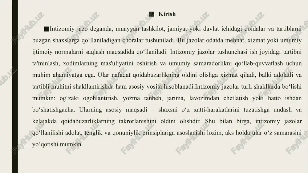 i mumkin. ammo qonunda ko‘zda tutilmagan “ogohlantirish” yoki “jiddiy hayfsan” kabi choralarni qo‘llash taqiqlanadi. intizomiy javobgarlikning asosiy prinsiplari intizomiy javobgarlikning qo‘llanilishi bir qator asosiy prinsiplarga tayanadi. ushbu prinsiplar mehnat qonunchiligida adolat, qonuniylik va mutanosiblikni ta'minlashga xizmat qiladi. quyida asosiy prinsiplar tahlil qilinadi:qonuniylik prinsipi: intizomiy javobgarlik faqat qonunda belgilangan asoslar va tartibda qo‘llaniladi. mehnat kodeksining 312-moddasida ko‘zda tutilmagan har qanday jazo noqonuniy hisoblanadi. masalan, xodimga “ogohlantirish” berish qonunda nazarda tutilmaganligi sababli, bunday chora qo‘llanilishi mumkin emas.aybdorlik prinsipi: intizomiy javobgarlik faqat xodimning aybi isbotlangan holatda qo‘llaniladi. agar xodim ishga kechikishi avtobusning kech qolishi kabi undan mustaqil sababga bog‘liq bo‘lsa, unga jazo qo‘llanilmaydi.mutanosiblik prinsipi: jazo qo‘llashda qilmishning og‘irligi, xodimning avvalgi xatti-harakati va ish faoliyati hisobga olinadi. masalan, bir marta kechikkan xodimga hayfsan e'lon qilinishi mumkin, lekin tizimli kechikishlar mehnat shartnomasini bekor qilishga asos bo‘ladi.bir martalik jazo prinsipi: har bir qilmish uchun faqat bitta jazo qo‘llanilishi mumkin (mehnat kodeksi, 313-modda). misol uchun, xodimning progul …