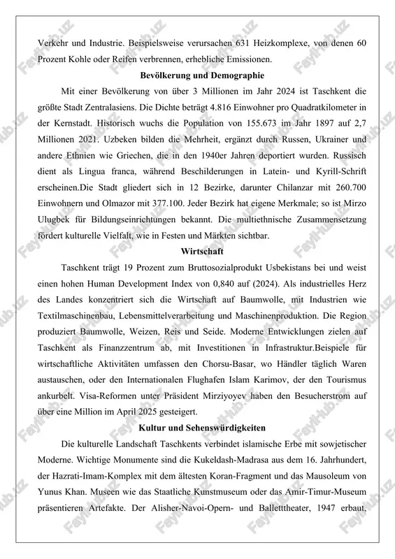 maschinenproduktion. die region produziert baumwolle, weizen, reis und seide. moderne entwicklungen zielen auf taschkent als finanzzentrum ab, mit investitionen in infrastruktur.beispiele für wirtschaftliche aktivitäten umfassen den chorsu-basar, wo händler täglich waren austauschen, oder den internationalen flughafen islam karimov, der den tourismus ankurbelt. visa-reformen unter präsident mirziyoyev haben den besucherstrom auf über eine million im april 2025 gesteigert. kultur und sehenswürdigkeiten die kulturelle landschaft taschkents verbindet islamische erbe mit sowjetischer moderne. wichtige monumente sind die kukeldash-madrasa aus dem 16. jahrhundert, der hazrati-imam-komplex mit dem ältesten koran-fragment und das mausoleum von yunus khan. museen wie das staatliche kunstmuseum oder das amir-timur-museum präsentieren artefakte. der alisher-navoi-opern- und balletttheater, 1947 erbaut, beherbergt aufführungen internationaler werke.einkaufszentren wie das tashkent city mall oder samarqand darvoza bieten moderne unterhaltung. der ilkhom-theater, gegründet 1976, steht für unabhängige kunst. parks und denkmäler, darunter der zweite-weltkriegs-gedenkpark, laden zu erholung ein. bildung und medien taschkent beherbergt die usbekische akademie der wissenschaften …