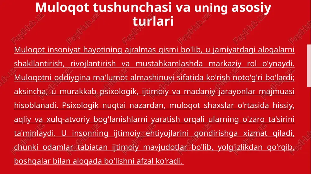 tasdiqlash. idrok, tushunish, ta’sir ko‘rsatish empatiya va o‘zaro ishonchning ahamiyati 12 empatiya va o'zaro ishonch muloqotning psixologik poydevori hisoblanadi. empatiya – boshqasining his-tuyg'ularini o'zida his qilish qobiliyati bo'lib, u muloqotni chuqurlashtiradi. psixologik jihatdan, empatiya o'ng miya yarim shari va "oynachi neyronlar" orqali ishlaydi: ular boshqalarning harakatlarini taqlid qiladi. empatiyaning ahamiyati – to'siqlarni bartaraf etish: u noto'g'ri tushunishlarni kamaytiradi va yaqinlikni oshiradi. muloqotdagi to‘siqlar va ularni yengish usullari 13 muloqot inson hayotining ajralmas qismi bo‘lib, u nafaqat shaxsiy munosabatlarda, balki professional faoliyatda ham muhim rol o‘ynaydi. biroq, muloqot jarayonida turli xil to‘siqlar paydo bo‘lishi mumkin, ular odamlar o‘rtasidagi tushunmovchiliklarni kuchaytirib, samarali aloqani buzadi. ushbu mavzuda psixologik, emotsional va madaniy to‘siqlar alohida e’tiborga loyiq, chunki ular ko‘pincha yashirin shaklda namoyon bo‘lib, muloqotni murakkablashtiradi. 14 psixologik, emotsional va madaniy to‘siqlar 15 psixologik to‘siqlar muloqotning eng chuqur va ko‘pincha sezilmaydigan qismidir. inson psixikasi murakkab tuzilishga ega bo‘lib, unda bolalik davridan shakllangan tajribalar, qo‘rquvlar va …