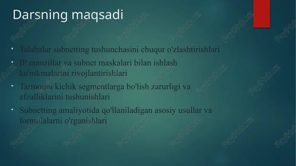 vlsm yordamida ip manzillarni yanada samaraliroq ishlatish mumkin, chunki har bir subnet o'zining alohida mask uzunligiga ega bo'lishi mumkin. vlsm afzalliklari: ip manzillarni maksimal tejash tarmoq topologiyasiga moslashuvchanlik hierarchical tarmoq dizayni imkoniyati marshrutlash jadvallari optimallashtirish vlsm qo'llash prinsiplari: eng katta tarmoqdan boshlab subnet yaratish har bir subnet uchun zarur hostlar soniga qarab mask tanlash subnetlarni ketma-ketlikda joylashtirish (overlap qilmaslik) marshrutlash protokoli vlsm ni qo'llab-quvvatlashi kerak (ripv2, ospf, eigrp) 2.10 supernetting (route aggregation) 2.10 supernetting (route aggregation) supernetting - bu bir nechta kichik tarmoqlarni bitta katta tarmoqqa birlashtirish jarayoni. bu marshrutlash jadvallarini qisqartirish va internet'dagi marshrutlash samaradorligini oshirish uchun ishlatiladi. supernetting shartlari: tarmoqlar ketma-ket joylashgan bo'lishi kerak tarmoqlar soni 2 ning darajasi bo'lishi kerak (2, 4, 8, 16...) birinchi tarmoq manzili supernet mask bilan bo'linishi kerak 2.11 subnetting strategiyalari 2.11.1 fixed-length subnetting barcha subnetlar bir xil o'lchamda bo'ladi. oddiy, lekin ip manzillarni tejash jihatidan unchalik samarali emas. 2.11.2 variable-length subnetting (vlsm) …