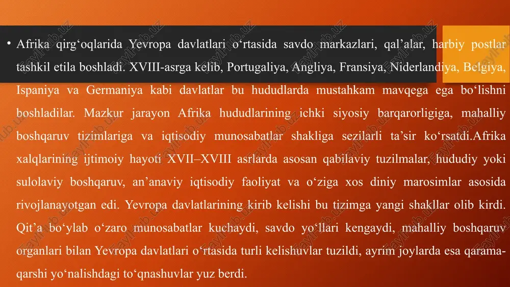 dagi raqobat kuchaydi. markaziy afrikada belgiya ma’muriyati tomonidan joriy etilgan boshqaruv tizimi qattiq uslublar bilan amalga oshirildi. xx-asr boshlariga kelib afrika qit’asida mustamlakachilik tizimi rasmiy jihatdan to‘liq shakllangan edi. ammo mahalliy jamiyatlarda siyosiy ongning o‘sishi, maorifning rivojlanishi, yangi ijtimoiy qatlamlarning paydo bo‘lishi va xalqaro miqyosda erkinlik g‘oyalari kuchayishi natijasida mustaqillik uchun kurash boshlanishi uchun zamin yaratildi.mazkur davr yakuniga kelib, afrika xalqlari o‘z tarixiy boshqaruv an’analarini qayta tiklash, hududiy yaxlitlikni mustahkamlash, madaniy merosni asrash va uchastkalarda yangi davlat boshqaruvi tizimini shakllantirish yo‘lida harakat qila boshladi. ushbu jarayonlar xx-asr davomida mustaqil davlatlarning paydo bo‘lishiga olib keldi.xvii-asrning o‘rtasidan xx-asr boshlariga qadar bo‘lgan mazkur davr afrika tarixida chuqur iz qoldirgan, qit’ani siyosiy, iqtisodiy va madaniy yo‘nalishlarda qayta shakllantirgan, bahsli va murakkab jarayonlar majmuasi sifatida tarixiy adabiyotlarda keng yoritilgan. ushbu davrning o‘rganilishi hozirgi zamon afrikasining shakllanish jarayonlarini to‘g‘ri anglash, qit’ada yuzaga kelgan hududiy, siyosiy va ijtimoiy masalalarning tarixiy ildizlarini tushunish uchun muhim ahamiyatga ega. image2.png …
