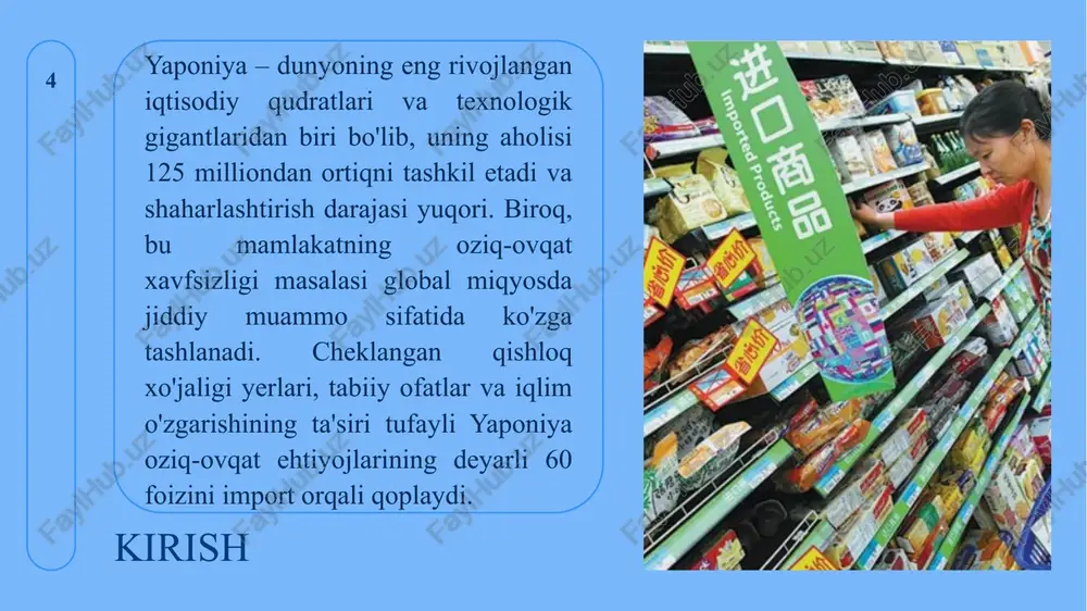 masa, qanday yechim qidirilardi? import qilinadigan asosiy mahsulotlar don, soya, go‘sht, ozuqa. aqshdan soya va makkajo‘xori, avstraliyadan go‘sht. sizningcha, qaysi mahsulotlar uchun eng katta xavf mavjud? xalqaro bozorga qaramlik narx va yetkazib berish chet bozorlarga bog‘liq. global narx o‘zgarishi ichki bozorda seziladi. tashqi bozor uzilsa, ichki narxda nima bo‘ladi? ta’minot zanjiri xavflari transport, logistikadagi uzilishlar ta’sir qiladi. pandemiya davridagi kechikishlar. siz logistika barqarorligini qanday oshirgan bo‘lardingiz? oziq-ovqat xavfsizligi muammolari mahalliy mustaqillik past. oziq-ovqat o‘z-o‘zini ta’minlash darajasi 40 foiz atrofida. past ko‘rsatkich mamlakat barqarorligiga qanday ta’sir qiladi? davlat siyosati importni diversifikatsiya qilish, mahalliy ishlab chiqarishni rag‘batlantirish. subsidiyalar, texnologiyalarni joriy etish. importni kamaytirish uchun qaysi choralar samarali bo‘ladi? innovatsion yondashuvlar robotlashtirish, aqlli dehqonchilik texnologiyalari. dronlar, sensor tizimlari. sizningcha, texnologiya hosildorlikni qanchaga oshira oladi? strategik zaxiralar zaxira don va ozuqa saqlash tizimlari. hukumat tomonidan belgilangan minimal zaxira hajmi. zaxira tizimi qanchalik yetarli bo‘lishi kerak deb hisoblaysiz? yaponiyada oziq-ovqat importiga qaramlikning asosiy ko‘rsatkichlari oziq-ovqat …