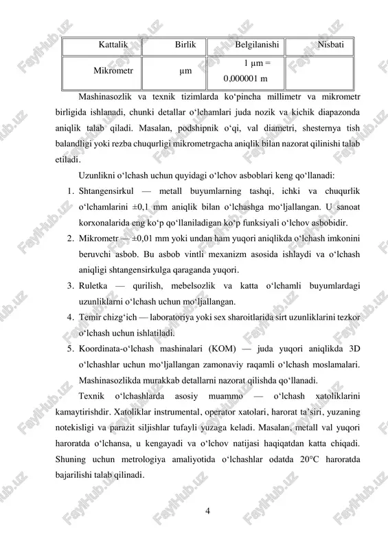 . bu qadimiy astronomik tizimdir va u yer orbitasi bo‘ylab quyoshning yil davomida taxminan 360 bosqichda yuz beradigan ko‘chishiga asoslanadi. bir gradus esa 60 daqiqaga (′) va bir daqiqa yana 60 soniyaga (″) bo‘linadi. bu tizim kundalik muhandislik va ta’lim jarayonlarida eng ko‘p ishlatiladigan burchak o‘lchovidir, masalan mashina detalini sozlashda 0°45′30″ kabi ifodalanishi mumkin. radian tizimi esa matematik tahlil, trigonometriya, mexanika, avtomatlashtirilgan boshqaruv tizimlari va fizika fanlarida keng qo‘llaniladi. radian — bu aylana yoyining uzunligining shu aylananing radiusiga nisbatiga asoslangan burchak o‘lchovidir. bir to‘liq aylanish 2π rad ga teng. agar aylananing radiusi r bo‘lsa va yoy uzunligi ham aynan r bo‘lsa, hosil bo‘ladigan burchak bir radianni tashkil qiladi. radian tizimi hisoblashlarni osonlashtiradi, chunki trigonometriya funksiyalari radian bo‘yicha differensial va integrallarda qulay ishlaydi. shu bois, mexanik tizimlarda, ayniqsa, robotlarda, servo dvigatellarda, aylanma harakatlarni aniqlashda radian o‘lchovi juda muhim. 7 gon tizimi (yoki grads, gons) esa fransiyada xviii–xix asrlarda yer o‘lchash va …