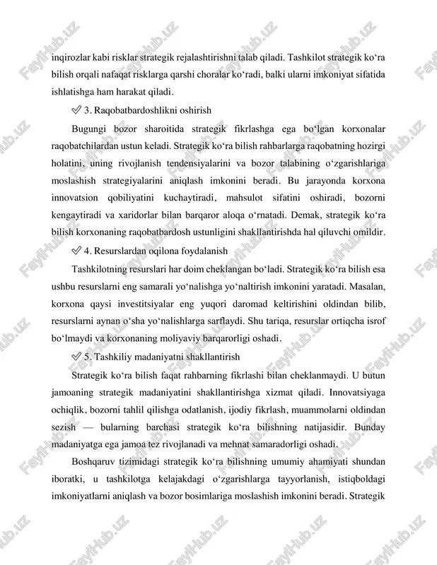 tizimidagi strategik ko‘ra bilishning umumiy ahamiyati shundan iboratki, u tashkilotga kelajakdagi o‘zgarishlarga tayyorlanish, istiqboldagi imkoniyatlarni aniqlash va bozor bosimlariga moslashish imkonini beradi. strategik ko‘ra bilishsiz boshqaruv faqat kunlik vazifalarni bajarishga qaratilgan bo‘lib qoladi. bunday boshqaruv esa uzoq muddatda korxonaning zaiflashishiga, raqobatbardoshlikning pasayishiga va moliyaviy inqiroz xavfining ortishiga olib keladi. xulosa qilib aytganda, strategik ko‘ra bilish — bu boshqaruvning yadro kompetensiyasi bo‘lib, tashkilotni muvaffaqiyatli boshqarishning asosi hisoblanadi. rahbarning strategik ko‘ra bilish qobiliyati qanchalik yuqori bo‘lsa, tashkilotning kelajakdagi rivojlanish istiqbollari shunchalik puxta bo‘ladi. bu qobiliyat rahbarlarni boshqalardan ajratib turadi, ularga bozorning murakkab mexanizmlarini tahlil qilish, uzoq muddatli rejalashtirishni amalga oshirish va eng muhimi, tashkilotni barqaror rivojlanish yo‘liga yetaklash imkonini beradi. shu sababli strategik ko‘ra bilish zamonaviy rahbarlar uchun eng muhim boshqaruv fazilatlaridan biri sifatida qaraladi. strategik ko‘ra bilish zamonaviy boshqaruvning eng muhim kompetensiyalaridan biridir. bugungi globallashuv, tezkor texnologik o‘zgarishlar, raqobatning kuchayishi, bozor talabining tez-tez almashinishi rahbarlardan nafaqat mavjud vaziyatni tahlil qilishni, balki …