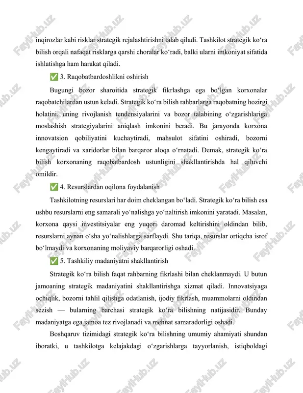tizimidagi strategik ko‘ra bilishning umumiy ahamiyati shundan iboratki, u tashkilotga kelajakdagi o‘zgarishlarga tayyorlanish, istiqboldagi imkoniyatlarni aniqlash va bozor bosimlariga moslashish imkonini beradi. strategik ko‘ra bilishsiz boshqaruv faqat kunlik vazifalarni bajarishga qaratilgan bo‘lib qoladi. bunday boshqaruv esa uzoq muddatda korxonaning zaiflashishiga, raqobatbardoshlikning pasayishiga va moliyaviy inqiroz xavfining ortishiga olib keladi. xulosa qilib aytganda, strategik ko‘ra bilish — bu boshqaruvning yadro kompetensiyasi bo‘lib, tashkilotni muvaffaqiyatli boshqarishning asosi hisoblanadi. rahbarning strategik ko‘ra bilish qobiliyati qanchalik yuqori bo‘lsa, tashkilotning kelajakdagi rivojlanish istiqbollari shunchalik puxta bo‘ladi. bu qobiliyat rahbarlarni boshqalardan ajratib turadi, ularga bozorning murakkab mexanizmlarini tahlil qilish, uzoq muddatli rejalashtirishni amalga oshirish va eng muhimi, tashkilotni barqaror rivojlanish yo‘liga yetaklash imkonini beradi. shu sababli strategik ko‘ra bilish zamonaviy rahbarlar uchun eng muhim boshqaruv fazilatlaridan biri sifatida qaraladi. strategik ko‘ra bilish zamonaviy boshqaruvning eng muhim kompetensiyalaridan biridir. bugungi globallashuv, tezkor texnologik o‘zgarishlar, raqobatning kuchayishi, bozor talabining tez-tez almashinishi rahbarlardan nafaqat mavjud vaziyatni tahlil qilishni, balki …