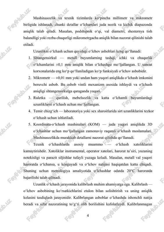 asi bo‘ylab quyoshning yil davomida taxminan 360 bosqichda yuz beradigan ko‘chishiga asoslanadi. bir gradus esa 60 daqiqaga (′) va bir daqiqa yana 60 soniyaga (″) bo‘linadi. bu tizim kundalik muhandislik va ta’lim jarayonlarida eng ko‘p ishlatiladigan burchak o‘lchovidir, masalan mashina detalini sozlashda 0°45′30″ kabi ifodalanishi mumkin. radian tizimi esa matematik tahlil, trigonometriya, mexanika, avtomatlashtirilgan boshqaruv tizimlari va fizika fanlarida keng qo‘llaniladi. radian — bu aylana yoyining uzunligining shu aylananing radiusiga nisbatiga asoslangan burchak o‘lchovidir. bir to‘liq aylanish 2π rad ga teng. agar aylananing radiusi r bo‘lsa va yoy uzunligi ham aynan r bo‘lsa, hosil bo‘ladigan burchak bir radianni tashkil qiladi. radian tizimi hisoblashlarni osonlashtiradi, chunki trigonometriya funksiyalari radian bo‘yicha differensial va integrallarda qulay ishlaydi. shu bois, mexanik tizimlarda, ayniqsa, robotlarda, servo dvigatellarda, aylanma harakatlarni aniqlashda radian o‘lchovi juda muhim. gon tizimi (yoki grads, gons) esa fransiyada xviii–xix asrlarda yer o‘lchash va geodeziya ishlarida qulaylik yaratish uchun joriy etilgan. unda bir …