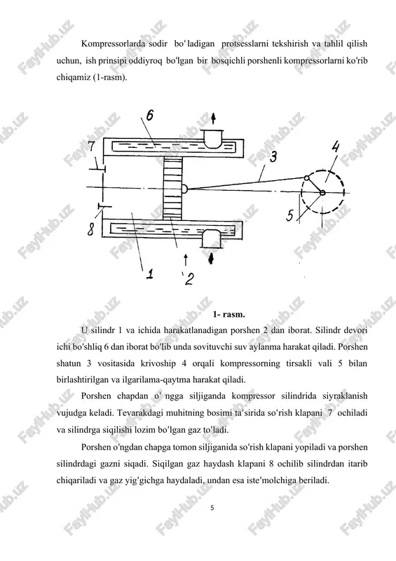 qori bosimlargacha siqish uchun uni bosqich bilan, ya’ni oraliq sovitish yo‘li bilan bir necha marta siqish kerak bo‘ladi. ko‘p boskichli porshenli kompressor ko‘p bosqichli porshenli kompressorlar yuqori bosimli gaz olish uchun qo‘llaniladi. gazni siqish politropa bo‘yicha ketma-ket bir necha silindrda oraliq sovitish bilan amalga oshiriladi. 3-rasm. p r4 r3 r2 r1 3 - boskich 1 - boskich s v a o 41 4 5 31 3 21 2 2 - boskich v 4-rasm. 7.3-rasmda uch bosqichli porshenli kompressorning sxemasi, 7.4-rasmda esa undan sodir bo‘ladigan protsessning rv diagrammasi ko‘rsatilgan. gaz 0-1 protsessida past bosimli silindr s1 ga so‘rilib, 1-2 politropa bo‘yicha r2 bosimgacha siqiladi va sovitkich s1 ga o‘tadi. gaz sovitkichda o‘zgarmas bosimda dastlabki temperaturasi t1 gacha sovitilib, ikkinchi bosqich s2 ga beriladi va bu yerda politropa 2-3 bo‘yicha r3 bosimgacha siqiladi. siqilgan bosqich s2 da gaz politropa 2-3 bo‘yicha r3 bosimgacha siqiladi. siqilgan gaz sovitkich s2 ga o‘tadi va t1 …