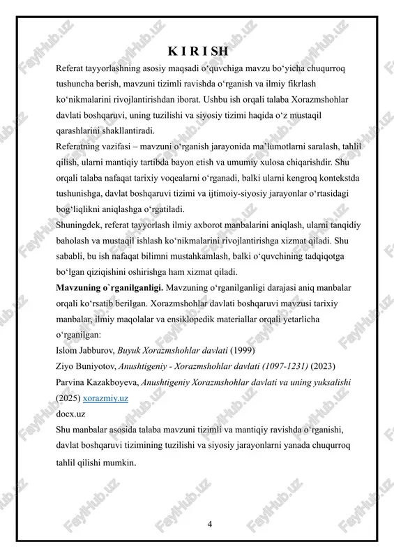 ko'tarilgan edilar. xorazmshohlar davlatining tashkil topishi markazlashgan siyosiy tizim va hududiy boyliklarga tayangan iqtisodiy asoslar bilan bog‘liq bo‘lgan. bu asoslar keyinchalik davlat boshqaruvi, moliya tizimi va harbiy tashkilotning samarali ishlashini ta’minlagan. 2. davlatning markaziy boshqaruv tizimi. xorazmshohlar boshqaruv tizimi saljuqiylar va g‘uriylar davlatlari tajribasi bilan solishtirilgan. manbashunoslik tahlili — manbalar, arxeologik topilmalar va zamonaviy tadqiqotlar tahlil qilingan. tizimli yondashuv orqali boshqaruv va harbiy tizimning o‘zaro aloqadorligi o‘rganildi. markazlashgan boshqaruv tizimi xorazmshohlarda davlatning kuchli siyosiy tuzilmasini ta’minlagan. viloyatlar markaziy hokimiyatga to‘liq bo‘ysungan, soliqlar va harbiy resurslar qat’iy nazorat ostida bo‘lgan. harbiy tashkilot davlatning siyosiy barqarorligini ta’minlagan eng muhim institutlardan biri bo‘lib, u ikki asosiy qismdan iborat edi: markaziy qo‘shin va viloyatlardagi shahar va tuman askarlari. kadrlarsiyosati — malakali sipohsalar, amirlar va noiblar davlat boshqaruvida muhim rol o‘ynagan. ular harbiy va siyosiy jihatdan tayyorlangan shaxslar bo‘lgan. harbiy intizom va strategiya — tezkor hujum, jangovar manevrlar, razvedka va aloqa tizimlari yaxshi yo‘lga qo‘yilgan. …