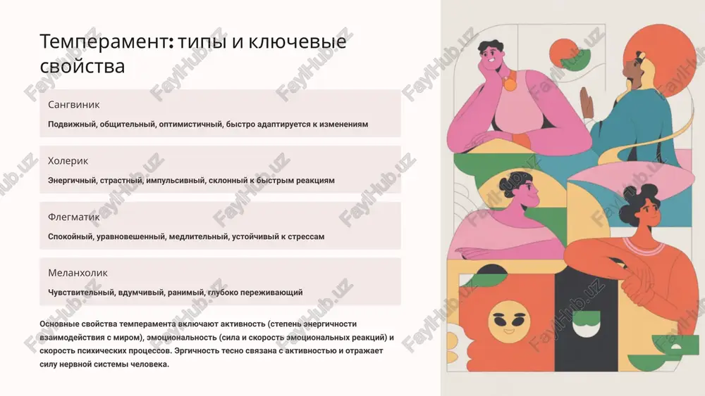 v — rabotosposobnost neyronov i ix sposobnost viderjivat intensivnuyu stimulyatsiyu uroven neyromediatorov — balans dofamina, serotonina, noradrenalina effektivnost metabolizma mozga — skorost energeticheskogo obmena v nervnix kletkax dofamin otvechaet za motivatsiyu, aktivnost i tseleustremlyonnost serotonin reguliruet nastroenie i ustoychivost k stressu noradrenalin obespechivaet bodrstvovanie i kontsentratsiyu vnimaniya geneticheskie faktori opredelyayut ot 40% do 60% individualnoy variativnosti v ergichnosti, chto podtverjdeno issledovaniyami bliznetsov i molekulyarno-geneticheskimi metodami. ergichnost i tipi temperamenta klassicheskie tipi temperamenta demonstriruyut xarakternie razlichiya v urovne ergichnosti, chto pomogaet ponyat ix povedencheskie osobennosti. xolerik visokaya ergichnost — ogromniy zapas energii, aktivnost, initsiativnost. sposoben rabotat na predele vozmojnostey, no mojet bistro «vigorat» iz-za chrezmernoy intensivnosti. sangvinik visokaya ergichnost — energichen i rabotosposoben, osobenno v sotsialnoy sfere. xorosho vosstanavlivaetsya posle nagruzok, podderjivaet stabilniy uroven aktivnosti. flegmatik umerennaya ergichnost — sposoben k dlitelnoy rabote v komfortnom tempe, ustoychiv k utomleniyu. izbegaet peregruzok, predpochitaet razmerenniy ritm deyatelnosti. melanxolik nizkaya ergichnost — bistro utomlyaetsya, …