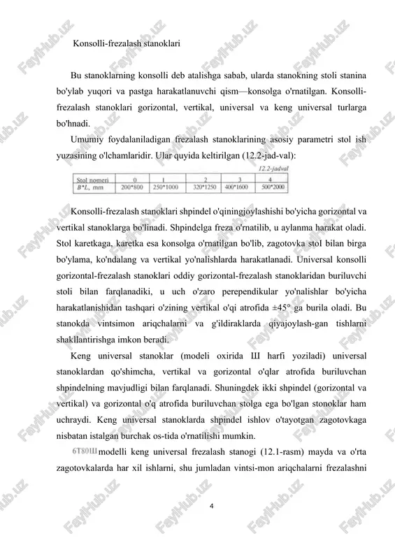 gartirilib, unga shpindel kallagi o'rnatilgan bo'ladi. shpindel vertikai o'qli. ba'zi stanoklarda shpindel kallagi gorizontal o'q atrofida burilishi mumkin. shunday qilib, konsolli-frezalash stanoklari quyidagi variantlarda chiqariladi: gorizontal (modellari 6r80g, 6r81g, 6r82g, 6r83g,... 6t82,..); vertikal (modellari 6p10, 6pu,6p12, 6p13, 6p12b, 6mnk,...); universal (modellari 6p80, 6p81, 6p82, 6p83,..); keng universal (mode!iari 6r80sh, 6r81sh, 6r82sh, 6r83sh, 6t80sh,...). konsolsiz, bo'ylama-frezalash va uzluksiz harakatdagi frezalash stanoklari konsolsiz vertikal-frezalash (yoki krest stolli vertikal-frezalash) stanoklari yirik zagotovkalarni katta kesimli qirindi olib ishlov berish-da foydalaniladi. konsolsiz stanoklar katta quvvatga, shpindelning yuqori chastotalarda aylanishi va stolning katta miqdordagi surishlariga ega. shpindel babkasi staninaning yo'naltiruvchilari bo'yicha vertikal yo'nalishda harakatlantiriladi. ba'zi stanoklarda shpindelning o'qi burchak ostida o'rnatilishi mumkin. stol gorizontal tekislikda ikki o'zaro perependikularyo'nalishda harakatlanadi. stolning kengligi 630, 800 va 1000 mm. 6a59 model!i vertikal-frezalash stanogida (12.2-rasm) har xil frezalash ishlaridan tashqari frezalash kallagining vertikal surilishi yordamida oddiy parmalash va teshik kengaytirish ishlarini ham bajarish mumkin. bo'ylama-frezalash stanoklari yirik gabaritli zagotovkalarga ishlov …