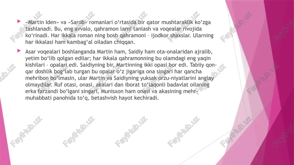 b ko‘rishga, bu yigitlarning yuksak ma’naviy dunyosi bilan tanishishga ulgurmay, tabiiy maylning asiri bo‘lib qoladilar. har ikkala romanda birinchi uchrashuvdayoq maftun bo‘lish motivi bor. bu romanlarda qahramonlar xa-rakterini ishlashda ham mushtaraklik ko‘zga tashlanadi. har ikki yigit ma’shuqa nazariga tushish uchun favqulodda vazi­ yat tug‘ilishini orzu qiladi. martin va ruf, saidiy va munisxon­ ning muloqot qilib turishlariga vosita bo‘ladigan badiiy detal – kitoblar, mutolaa edi. kitob vosita bo‘lgani har ikki asarda bir-biriga o‘xshash epizod orqali muayyanlashtiriladi. har ikki romandagi velosiped detali, velosipedda shahardan tashqa­ riga sayrga chiqish epizodi, martin va saidiyning matbuotda chiqadigan asarlarini ustunlar bilan o‘lchashi, yozuvchilikdan maqsad – boylik orttirish orqali ma’shuqa vasliga erishish ekani, jamiki orzu-a’mollaridan judo bo‘lgan oshiqlarning bir payt qo‘l yetmas yuksaklikda deb tasavvur qilingan, pirovardi­ da esa bosh egib kelgan mahbubani rad etishlari kabi motivlar ham mushtarak. ammo bu mushtarakliklar abdulla qahhor romanining ori-ginal asar ekanini rad etishga asos bo‘lolmaydi. chunki o‘x-shash syujetlar boshqa yozuvchilar …