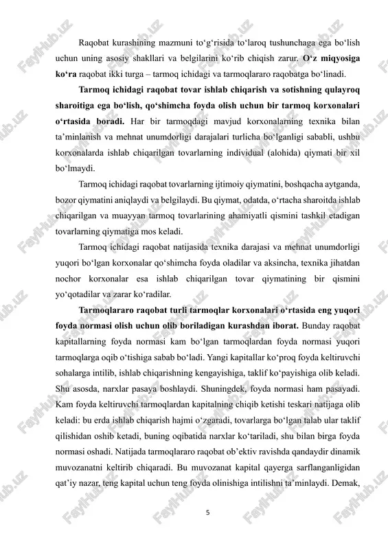 olib keladi: bu erda ishlab chiqarish hajmi o‘zgaradi, tovarlarga bo‘lgan talab ular taklif qilishidan oshib ketadi, buning oqibatida narxlar ko‘tariladi, shu bilan birga foyda normasi oshadi. natijada tarmoqlararo raqobat ob’ektiv ravishda qandaydir dinamik muvozanatni keltirib chiqaradi. bu muvozanat kapital qayerga sarflanganligidan qat’iy nazar, teng kapital uchun teng foyda olinishiga intilishni ta’minlaydi. demak, tarmoqlararo raqobat kapital qaysi tarmoqqa kiritilmasin, xuddi shu tarmoq foyda no rmalarini o‘rtacha foyda normasiga «baravarlashtiradi». shuningdek, iqtisodiy adabiyotlarda g‘irrom va halol raqobatlashuv usullari ham ajratib ko‘rsatiladi. raqobatlashuvning noan’anaviy, jamiyat tomonidan e’tirof etilmagan, ijtimoiy ahloq qoidalari doirasidan chetga chiquvchi, noiqtisodiy (ya’ni, jismoniy kuch ishlatish, majburlash, raqiblarning obro‘siga putur yyetkazish va h.k.) usullaridan foydalanish g‘irrom raqobat deb yuritiladi. g‘irrom raqobat orqali firmalar o‘z raqiblarining tarmoqqa kirib kelishini tajovuzkorona va shafqatsiz bartaraf qilishi mumkin. banklarni, moddiy resurs ta’minotchilarini kredit va materiallar yetkazib berishdan voz kechishga majburlash, yetakchi mutaxassislarni og‘dirib olish, narxni keskin pasaytirish g‘irrom raqobatning oddiy usullaridir. halol raqobat – …