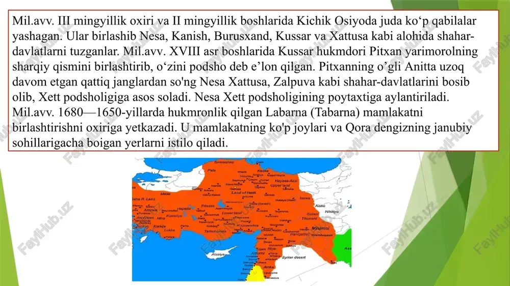 aqib davlatlarni anglab etadi. 3. ossurlarni sharkiy o`rta er dengiziga yurishining sabablarini tushunadi. ashurbanapla kutubxonasi bir ming yillikning boshlarida yaqin sharq davlatlarning har tomonlama rivojlanishi uchun barcha shart-sharoitlar jumladan savdo imkoniyatlar tufayli yuqoridagi davlatlar ichida asta - sekin ijtimoiy va iqtisodiy sohalarda farqlar paydo bo`la boshladi. jumladan ayrim keksa davlatlar. xett, mitanni gullab yashnayottan davlatlar hisoblansa aksincha misr va boshdan kechirayotgan davlatlar hisoblansa. aksincha misr va vavilon davlatlari ichki inkirozlarni boshdan kechirayotgan davlatlar hisoblanardi, ossuriya davlati endi jahon siyosati voqealarida muxim o`rin tutadigan davlatlar qatoriga ko`shila boshladi. siyosat hayotga yaqin sharq mamlakatlari ichida bir ming yilikda yangi davlatlar, jumladan urartu, kush, lidiya, midiya, fors davlatlari ko`rina boshladi. xalqaro siyosatda bir ming yillikda shaharning siyosiy hayoti ayrim qabilalar muxim rol o`ynay boshladilar, ayniqsa frodkiyaliklar, karimiylar. skiflarni misol qilib olish mumkin. ikkinchi ming yilikda ayrim davlatlar yirik imkoniyatlarni vujudga keltirish uchun harakatni boshladilar. ayniqsa yaqin sharqda qudratli davlat bo`lish uchun ossuriya ham …