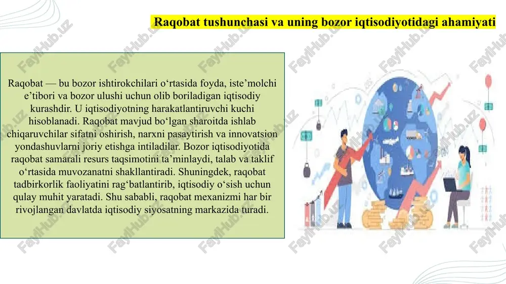 osati juda nozik masala bo‘lib, korxonalar raqiblar reaksiyasini doimiy kuzatib boradilar. 2 agar bitta firma narxni pasaytirsa, boshqalar ham shunday qilishga majbur bo‘ladi, bu esa umumiy foydani kamaytiradi. shu sababli, narxlar odatda barqaror saqlanadi va raqobat ko‘proq reklama yoki sifat orqali amalga oshiriladi. 3 ishlab chiqarish hajmi esa bozor ulushi, xarajat darajasi va talab hajmiga qarab muvofiqlashtiriladi. ayrim hollarda korxonalar ishlab chiqarish kvotalarini kelishib oladilar. bu holat oligopoliyadagi narx muvozanatini saqlashda muhim rol o‘ynaydi. oligopoliyadagi asosiy model va yondashuvlar (kurno, bertran, stakelberg) oligopol bozorini tushuntirish uchun iqtisodchilar bir nechta nazariy modellardan foydalanadilar. kurno modelida korxonalar ishlab chiqarish hajmini belgilash orqali raqobatlashadi, narx esa talabga ko‘ra shakllanadi. bertran modeli esa narx bo‘yicha raqobatni asos qilib oladi – bunda firmalar past narx taklif qilish orqali bozorni egallashga intiladilar. stakelberg modeli esa yetakchi va ergashuvchi firmalar o‘rtasidagi strategik qarorlarni tahlil qiladi. ushbu modellarning har biri oligopoliyaning turli holatlarini tahlil etishda muhim nazariy asos …
