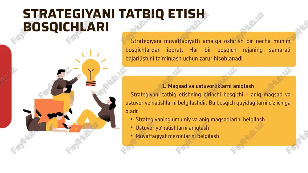 atbiq etish – bu rejalangan maqsadlarni hayotga tatbiq qilish jarayoni. yaxshi strategiya faqat qog‘ozda qolib ketmasligi, balki amalda ham ishlashi kerak. buning uchun aniq maqsadlar qo‘yish, resurslarni to‘g‘ri taqsimlash, jamoani jalb qilish va ish jarayonini doimiy nazorat qilish muhim. agar ushbu omillar inobatga olinsa, strategiya muvaffaqiyatli amalga oshiriladi va kutilgan natijalarga erishish mumkin. eng muhimi – rejani to‘g‘ri tashkil qilish va uni bosqichma-bosqich hayotga tadbiq etishdir. xulosa foydalanilgan manba: https://docx.uz/document/korxonaning-strategik-rejasini-ishlab-chiqish-va-amalga-oshirish-663c0f10?lang=uz https://asana.com/ru/resources/strategy-implementation https://www.indeed.com/career-advice/career-development/strategy-implementation image9.png image10.svg image1.png image2.svg image3.png image4.svg image5.png image6.svg image7.png image8.svg image11.png image12.svg image13.png image14.svg image15.png image16.svg image17.png image18.svg image19.png image20.svg image21.png image22.svg image23.png image24.svg image25.png image26.svg image27.png image28.svg image31.png image32.svg image29.png image30.svg image33.png image34.svg image35.png image36.svg image37.png image38.svg image39.png image40.svg image41.png image42.svg image43.png image44.svg image45.png image46.svg /docprops/thumbnail.jpeg