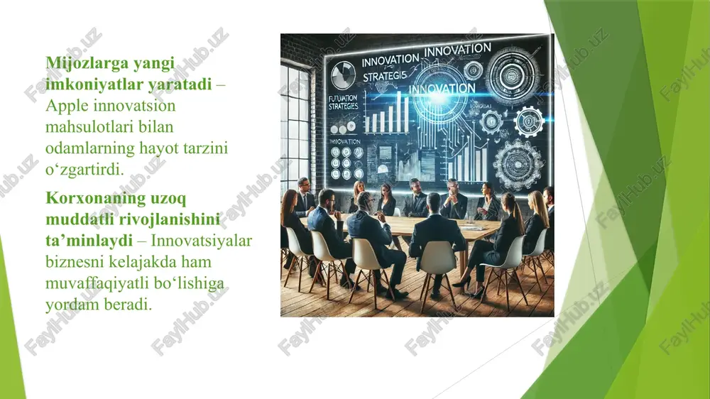 sh uchun korxonalar g‘oya yaratish, tadqiqot va rivojlantirish, sinovdan o‘tkazish, bozorga chiqish hamda natijalarni tahlil qilish kabi bosqichlarni izchil amalga oshirishi lozim. shuningdek, xodimlarning ijodiy fikrlashini rag‘batlantirish va zamonaviy texnologiyalarni o‘zlashtirish ham muhim ahamiyatga ega. foydalanilgan adabiyotlar: 1. druker, p. – innovatsiya va tadbirkorlik 2. shumpeter, j. – iqtisodiy taraqqiyot nazariyasi 3. porter, m. – mamlakatlarning raqobatbardosh ustunligi 4. oecd – oslo qo‘llanmasi: innovatsiyalarni baholash bo‘yicha yo‘riqnoma 5. romer, p. – ichki texnologik o‘zgarishlar 6. friman, c. – texnologik siyosat va iqtisodiy samaradorlik 7. tidd, j., bessant, j., pavitt, k. – innovatsiyalarni boshqarish 8. kristensen, k. – innovatorning dilemmasi 9. barni, j., hesterli, w. – strategik boshqaruv va raqobat ustunligi 10. lundvall, b. – milliy innovatsion tizimlar va interaktiv o‘rganish etiboringiz uchun raxmat. image1.jpg image2.jpg image3.jpg image4.jpg /docprops/thumbnail.jpeg