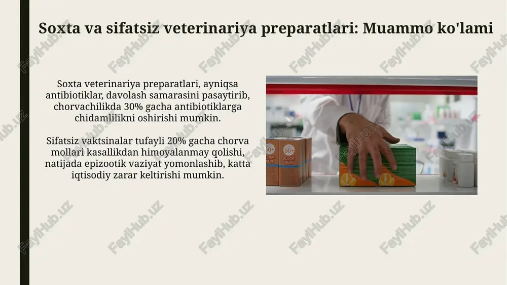 eparatning identifikatsiyasi va sifatini tekshirish imkoniyatini beradi, standart ko'rsatkichlar bilan solishtiriladi. qonunchilik va tartibga solish veterinariya dori vositalarining sifati nazorati o'zbekiston respublikasining "dori vositalari va farmatsevtika faoliyati to'g'risida"gi 16.04.2021 yildagi o'rq-682-son qonuni bilan tartibga solinadi. soxta va sifatsiz veterinariya dori vositalarini aniqlash tartibi vazirlar mahkamasining 2017 yil 15 fevraldagi 75-son qarori bilan tasdiqlangan "dori vositalarining sifati monitoringi to'g'risida"gi nizomga muvofiq amalga oshiriladi. xalqaro hamkorlik va ma'lumot almashinuvi veterinariya preparatlari sifatini nazorat qilish sohasida xalqaro hamkorlik 2023-yilgi jahon sog‘liqni saqlash tashkilotining global harakatlar rejasiga muvofiq amalga oshiriladi. ma'lumot almashinuvi substandard veterinariya preparatlarini aniqlashda muhim rol o‘ynaydi, masalan, yevropa dori vositalari agentligining farmakovigilans ma'lumotlar bazasi. xulosa va tavsiyalar veterinariya dori-darmonlarining sifatini nazorat qilish tizimini takomillashtirish uchun xavf-tahliliga asoslangan yondashuv 2024-yildan boshlab joriy etilsin, bu kontrafaktlarni aniqlash imkoniyatini oshiradi. farmatsevtika kompaniyalari 2025-yilgacha dori vositalarining har bir partiyasi uchun raqamli izlenebilirlik tizimini amalga oshirishlari kerak, bu esa soxtalashtirishni kamaytirishga yordam beradi. e'tiboringiz uchun rahmat …