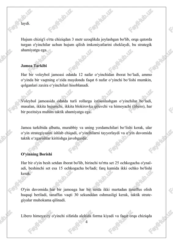 beriladi. mudofaa taktikasi 6 o'yinchi bilan maydonni qoplashni, blokni joylashtirishni va 2-3 metrlik zonada himoyani mustahkamlashni o'z ichiga oladi, to'pni qaytarish va kontr-hujumga o'tish muhim ahamiyatga ega. o'yin davomida strategik o'zgarishlar, masalan, hisob 20-20 bo'lganda hujumkor o'yinchilarni almashtirish yoki blokni ikki barobar kuchaytirish orqali raqibning ritmini buzish taktik ahamiyatga ega. mashhur o'yinchilar wilfredo león venero – kubalik-polyak hujumchisi, xizmat qilish tezligi 130 km/soatdan oshadi, ko'plab shaxsiy va jamoaviy mukofotlarga ega, zamonaviy voleybolning eng yaxshi o'yinchilaridan biri. misty may-treanor va kerri uolsh jennings – aqsh plyaj voleyboli dueti, ular 2004, 2008 va 2012-yilgi olimpiya o'yinlarida oltin medallarni qo'lga kiritgan, sport tarixidagi dominant juftlik hisoblanadi. giba (gilberto amauri de godoy filho) – braziliyalik voleybolchi, 2000-yillarda o'z terma jamoasi bilan jahon chempionatlari va olimpiya o'yinlarida g'alaba qozongan, ko'plab individual mukofotlarga ega. volleybolning afzalliklari voleybol yurak-qon tomir tizimini mustahkamlaydi, qon aylanishini yaxshilaydi va yurak kasalliklari xavfini kamaytiradi, metabolizmni 15-20% ga tezlashtirishi mumkin. voleybol sakrash, …
