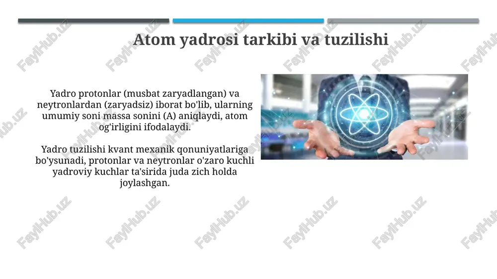 dam beradi. tasodifiy xatoliklar o'lchov natijalarining tarqalishiga olib keladi; ularni kamaytirish uchun o'lchovlar sonini oshirish va statistik tahlil (o'rtacha, standart og'ish) usullaridan foydalanish mumkin. olingan ma'lumotlarning tahlili va interpretatsiyasi ma'lumotlarni tahlil qilishda xatoliklar aniqlanishi mumkin. masalan, 95% ishonch intervali natijalarning to'g'riligini baholashda muhim ahamiyatga ega, bu esa ma'lumotlarning aniqligini ko'rsatadi. interpretatsiya statistik ahamiyatlilik (p-qiymati < 0.05) natijalarning tasodifiy emasligini ko'rsatadi. effekt hajmi (masalan, cohen d) amaliy ahamiyatni baholashda muhim, chunki u ta'sir kuchini o'lchaydi. atom yadrosi massasini o'lchashning amaliy ahamiyati yadro massasini aniq o'lchash atom energiyasidan foydalanishda muhim, chunki e=mc^2 tenglama orqali chiqariladigan energiyani hisoblashga yordam beradi. yadro massalarini bilish yadro reaksiyalarini modellashtirishga imkon beradi, bu esa yangi izotoplarni sintez qilish va ularning barqarorlik xususiyatlarini bashorat qilish uchun zarurdir. e'tiboringiz uchun rahmat image1.png image2.jpg image3.jpg image4.jpg image5.jpg image6.jpg image7.jpg image8.jpg image9.jpg image10.jpg image11.jpg image12.jpg image13.jpg image14.jpg image15.jpg image16.jpg image17.jpg