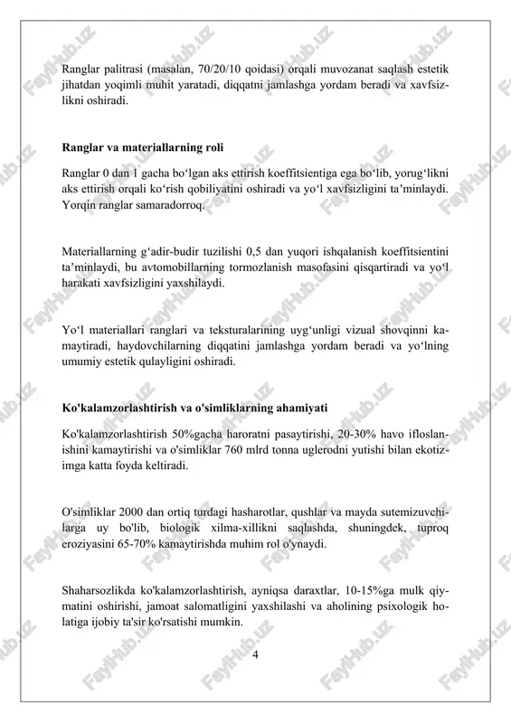 i, bu reklamalar, tartibsiz belgilar va boshqa chalg'ituvchi elementlar sonini kvadrat kilometrga 5 birlik aniqlikda aniqlaydi. majburiy darsliklar: nima uchun zarur? majburiy darsliklar 10-yillikda estetik standartlarni oshiradi, infratuzilmani rejalashtirishda izchillikni ta'minlaydi va ko'cha dizaynini 25% yaxshilashga yordam beradi. ta'limning majburiyligi dizaynerlar va quruvchilarni zamonaviy estetik tamoyillar bilan tanishtiradi, bu esa 30% gacha chiroyli va funktsional muhit yaratishga olib keladi. ushbu darsliklar 5 ta asosiy estetik elementlarni o'rgatadi: ranglar, tekstura, o'lchamlar, shakllar va materiallar. bu 20% ga sayohat xavfsizligini oshirishi mumkin. o'zbekistonda yo'l estetikasini rivojlantirish strategiyalari 2023-2026 yillarda "obod qishloq" dasturi doirasida 1000 dan ortiq qishloqlarda yo'l bo'yidagi ko'kalamzorlashtirish loyihalari amalga oshiriladi. yo'l estetikasini baholash uchun "yo'l estetik indeksi" (yei) ishlab chiqilib, unda 5 ta asosiy mezon: manzara, tozalik, ko'kalamzorlashtirish, tartib va reklama inobatga olinadi. yo'l qurilishi standartlariga "ko'rinish maydonlari" va "dam olish zonalari"ni majburiy kiritish, har 50 km masofada kamida 2 ta shunday hududni yaratish maqsad qilingan. muvaffaqiyatli yo'l estetikasining …