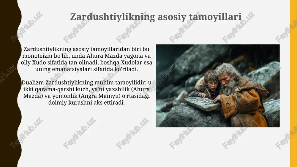qat zardushtiylikda tug'ilganlarni qabul qiladi, bu esa o'sib borayotgan global dunyoda muammolarni keltirib chiqaradi. xulosa: zardushtiylikning merosi zardushtiylik etik tamoyillari, xususan, 'xayrli fikr, xayrli so'z, xayrli ish' tushunchalari bugungi axloqiy falsafa va harakatga sezilarli ta'sir ko'rsatib, umuminsoniy qadriyatlarni shakllantirishga hissa qo'shgan. zardushtiylikning oxirat va qiyomat kuni haqidagi ta'limotlari ibrohimiy dinlarga ta'sir ko'rsatganligi e'tirof etiladi, shu jumladan, jannat va do'zax kabi tushunchalarni shakllantirishga 500-1500 yillar oralig'ida o'z hissasini qo'shgan. savol-javoblar zardushtiylik savol-javoblari odatda "avesto" matnlariga asoslanadi, u yerda zardushtning o'zi ahura mazdadan 7 ta muhim savol so'raydi, ular orqali asosiy e'tiqodlar ochib beriladi. savol-javoblar axloqiy dilemma va qiyinchiliklarni hal qilishda muhim rol o'ynagan, "xayrli fikr, xayrli so'z, xayrli ish" tamoyillariga muvofiq to'g'ri yo'lni ko'rsatgan va tushuntirgan. adabiyotlar ro'yxati adabiyotlar ro'yxatiga kamida 3 ta asosiy manba, masalan, avestoning tarjimalari (james darmesteter va boshqalar), meri boysning “zardushtiylar” kitobi va gershevichning maqolalari kiritilishi kerak. ro'yxatga zamonaviy tadqiqotlar, masalan, prods oktor skjærvøning avesto grammatikasi haqidagi …