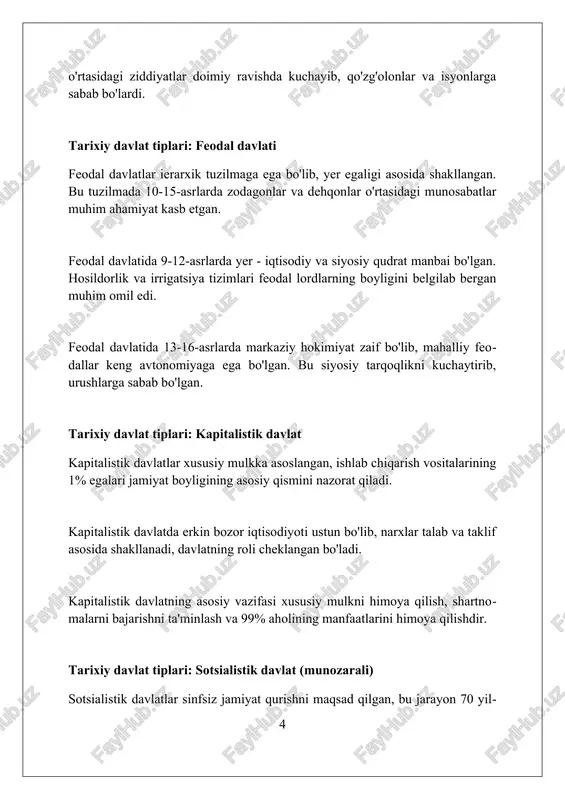 tish usulini belgilaydi, masalan, monarxiya, unda hokimiyat bir shaxsga (qirol, imperator) meros bo'lib o'tadi va cheklanmagan bo'lishi mumkin. respublikalar, masalan, prezidentlik respublikasi, hokimiyat xalq tomonidan saylangan prezidentga tegishli bo'lib, u davlat boshlig'i va ijro etuvchi hokimiyat rahbari sifatida faoliyat yuritadi. parlamentar respublikalarda esa, hokimiyat parlamentga tegishli bo'lib, u hukumatni shakllantiradi va bosh vazir uning rahbari hisoblanadi, prezidentning roli asosan vakolatli hisoblanadi. davlat shakllari: tuzilish shakli unitar davlat – bu yagona konstitutsiya, qonunchilik va boshqaruv tizimiga ega boʻlgan, maʼmuriy-hududiy boʻlinmalarga boʻlingan yagona davlat hisoblanadi. federatsiya tarkibiga kiruvchi subyektlar muayyan siyosiy avtonomiyaga ega boʻlib, oʻz konstitutsiyasi, qonunchiligi va boshqaruv organlariga ega boʻlishi mumkin. konfederatsiya – bu mustaqil davlatlarning ma’lum maqsadlarga erishish uchun tuzilgan shartnoma asosidagi birlashmasi bo’lib, davlatlar suverenitetini saqlab qoladi. davlat shakllarining oʻzaro taʼsiri davlat shakllari bir-biriga ta'sir etib, 19-asrda federatsiyalar konstitutsiyaviy monarxiyalar bilan o'zaro aloqadorlikni mustahkamlab, iqtisodiy integratsiyaga yordam berdi. respublikalar va unitar davlatlar 20-asrda birgalikda xalqaro tashkilotlar orqali siyosiy …