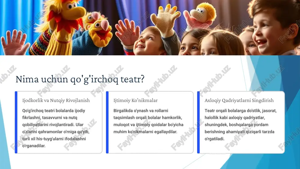 12 xulosa: qo'g'irchoq qo'lqop teatrining bolalar tarbiyasidagi roli qo'g'irchoq qo'lqop teatri bolalarning har tomonlama rivojlanishi uchun noyob vosita hisoblanadi. ijodkorlik, nutq va ijtimoiy ko'nikmalarni rivojlantiradi. bolalarning qalbida yaxshilik, do'stlik va jasorat urug'larini ekadi. ta'lim jarayonini yanada jozibali va samarali qiladi. har bir maktabgacha ta'lim muassasasida qo'g'irchoq teatrini faol rivojlantirishga chaqiramiz, chunki bu bolalar kelajagi uchun bebaho sarmoyadir! 13 e’tiboringiz uchun rahmat image1.png image2.png image3.png image4.png image5.png image6.png image7.png image8.png image9.png image10.png image11.png