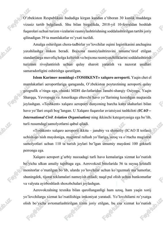 a ega. aerovokzal binolarida 56 ta suyuq kristalli monitorlar o’rnatilgan bo’lib, ularda yo’lovchilar uchun ko’rgazmali ma’lumotlar, shuningdek, tijorat reklamalari namoyish etiladi; naqd pul olish uchun bankomatlar va valyuta ayirboshlash shoxobchalari joylashgan. aerovokzalning texnika bilan qurollanganligi ham uzoq, ham yaqin xorij yo’lovchilarga xizmat ko’rsatilishiga imkoniyat yaratadi. yo’lovchilarni ro’yxatga olish bo’yicha avtomatlashtirilgan tizim joriy etilgan, bu esa xizmat ko’rsatish sifatini va madaniyatini ancha yaxshilaydi. hozirgi paytda ―toshkent‖ aeroportida elektron chipta tizimi joriy qilingan. yo’lovchilarni o’zbekiston hududidagi shaharlarga jo’natish yangi mahalliy havo yo’llari (toshkent-3) terminali orqali amalga oshiriladi. bugungi kunda mahalliy havo yo’llarining aerovokzali soatiga 400 ta yo’lovchini o’tkazish qobiliyatiga ega qulay bino hisoblanadi. yo’lovchilarni va bagajlarni ro’yxatga olish uchun sakkizta ustun, dorixona, do’kon, ma’lumot xizmati, shaharlararo telefon va boshqalar mavjud. o’zbekiston mehmonlariga va aholisiga xizmat ko’rsatish uchun aerovokzal binosida qulay mebel bilan jihozlangan katta kutish zallari; tunu kun tartibida ishlovchi pasport, bojxona va chegara nazorati xizmatlari; ma’lumotxonalar; bagajni tashish uchun yangi konveyer …