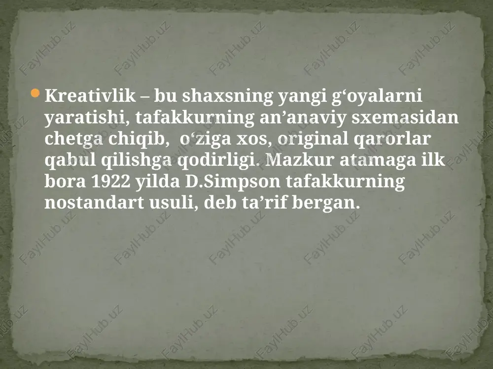 ctor (april 2, 2021). absolute essentials of creative thinking and problem solving. routledge; 1st edition. 3. m. p. boksha, d. ts. budaeva (2020). kreativnaya ekonomika: uchebnoe posobie— ulan-ude: izd-vo buryatskogo gosuniversiteta. isbn 978-5-9793-1472-3 qo‘shimcha adabiyotlar 1. xotamov i.s., madraximova g. (2021). “kreativ fikrlash”. o‘quv qo‘llanma. “innovatsion rivojlanish nashriyot mabaa uyi” nashriyoti, 216 bet. (o’quv qo’llanma universitet arm da bosma va pdf variantda mavjud). 2. mauzy, jeffrey h. (june 2010) managing personal creativity. design management review, 17(3):64 – 72. doi:10.1111/j.1948-7169.2006.tb00054.x 3. richard paul and linda elder (2012). the nature and functions of critical & creative thinking. the foundation for critical thinking. 4. kekang he (2017). the theory of creative thinking. construction and verification of the dual circulation model. springer nature singapore pte ltd. isbn 978-981-10-5053-4 (ebook). (ushbu kitob universitet armda pdf variantda mavjud). 5. peter hollins (2019). mental models. 30 thinking tools that separate the average from the exceptional. improved decision-making, …