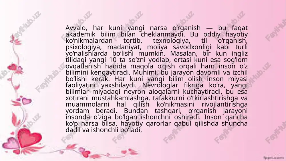 vojlanishni xohlaydi. bunga erishish uchun esa katta orzular emas, balki kichik, ammo muntazam harakatlar muhim rol o‘ynaydi. shunday harakatlardan biri — har kuni o‘z ustimizda ishlash, ya’ni foydali bir odatni shakllantirish yoki uni mustahkamlashdir. bu oddiy tuyulsa-da, aslida katta natijalarga olib keluvchi kuchli odatdir. foydali odatlar insonni ichki va tashqi jihatdan rivojlantiradi. masalan, ertalab erta turish, kitob o‘qish, sport bilan shug‘ullanish, kunlik reja tuzish, ijobiy fikrlash, vaqtni to‘g‘ri taqsimlash, sog‘lom ovqatlanish yoki yangi til o‘rganish kabi oddiy odatlar inson salohiyatini oshiradi. muhimi — bularning barchasini birdaniga qilish emas, balki har kuni bittasiga e’tibor qaratish va uni odatga aylantirishdir. nega aynan har kuni bitta foydali odat ustida ishlash muhim? chunki inson miyasi yangi odatni qabul qilish uchun vaqt talab qiladi. mutaxassislarning fikricha, bir odatni shakllantirish uchun o‘rtacha 21 kundan 66 kungacha vaqt ketadi. xulosa har kuni o‘z ustimizda ishlash va bitta foydali odatni shakllantirish — bu katta o‘zgarishlarga olib boradigan eng …