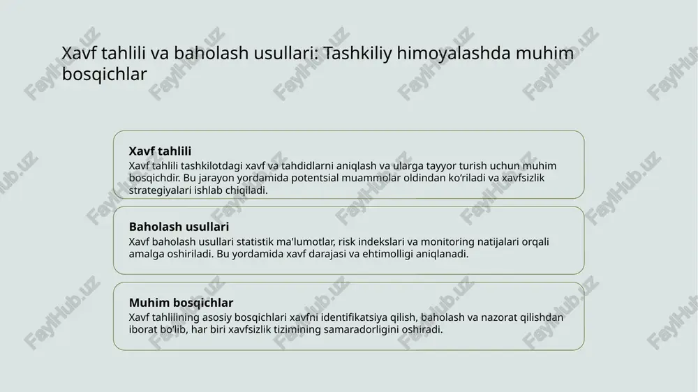 shlab chiqiladi. 2 xavfni kamaytirish strategiyalari xavfni boshqarishda muhim usul xavfni kamaytirish strategiyalarini qo‘llashdir. bu, xavfni nazorat qilish va maksimally kamaytirishga qaratilgan amaliy choralardir. 3 monitoring va javob choralari xavfni boshqarishda doimiy monitoring va tezkor javob mexanizmlari muhim. bu yordamida xavf yuzaga kelganda darhol chora ko‘riladi va zarar oldini olinadi. tashkilot ichidagi xavfsizlik choralari va ularning samaradorligini ta’minlash mexanizmlari xavfsizlik siyosati monitoring va nazorat texnologik yechimlar tashkilot ichida xavfsizlik siyosati ishlab chiqilishi va amalga oshirilishi muhim bo‘lib, uning yordamida xavf va tahdidlarga qarshi samarali chora-tadbirlar belgilanishi mumkin. xavfsizlik choralari doimiy ravishda monitoring qilinishi va nazoratdan o‘tishi kerak. bu orqali kamchiliklar aniqlanib, tezkor ravishda tiklanadi va yaxshilanadi. zamonaviy texnologiyalar, masalan, cctv, kirish nazorati va ma’lumotlarni shifrlash, xavfsizlikni mustahkamlashda muhim rol o‘ynaydi va samaradorlikni oshiradi. tashkiliy integritetni ta’minlash uchun xavfsizlik texnologiyalari va usullari 1 axborot xavfsizligi texnologiyalari zamonaviy axborot xavfsizligi texnologiyalari, masalan, shifrlamalar va xavfsizlik devorlari, tashkilot ma'lumotlarini himoya qilishda muhim rol …