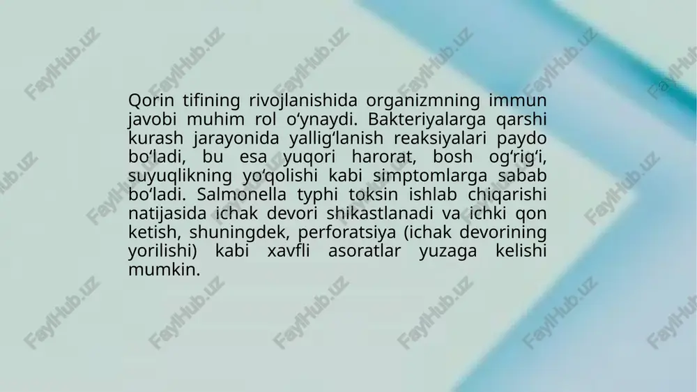 nfektsion kasalliklar va ularning diagnostikasi. — toshkent: o‘qituvchi nashriyoti, 2018. hasanov m., rajabova z. — tibbiy biologiya va mikrobiologiya. — toshkent: tibbiyot nashriyoti, 2020. world health organization (who) — typhoid fever fact sheet. — geneva, 2022. image1.png image2.jpeg image3.jpeg image4.jpeg /docprops/thumbnail.jpeg