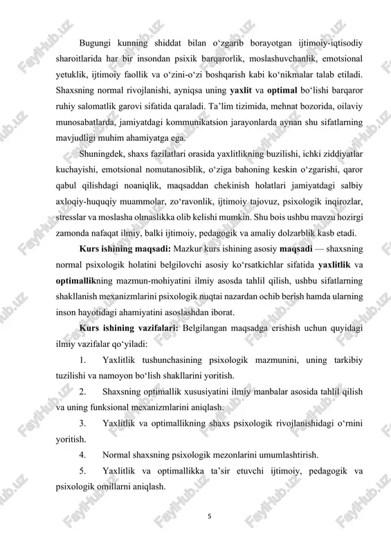 a tahlil qilish, ushbu sifatlarning shakllanish mexanizmlarini psixologik nuqtai nazardan ochib berish hamda ularning inson hayotidagi ahamiyatini asoslashdan iborat. kurs ishining vazifalari: belgilangan maqsadga erishish uchun quyidagi ilmiy vazifalar qo‘yiladi: 1. yaxlitlik tushunchasining psixologik mazmunini, uning tarkibiy tuzilishi va namoyon bo‘lish shakllarini yoritish. 2. shaxsning optimallik xususiyatini ilmiy manbalar asosida tahlil qilish va uning funksional mexanizmlarini aniqlash. 3. yaxlitlik va optimallikning shaxs psixologik rivojlanishidagi o‘rnini yoritish. 4. normal shaxsning psixologik mezonlarini umumlashtirish. 5. yaxlitlik va optimallikka ta’sir etuvchi ijtimoiy, pedagogik va psixologik omillarni aniqlash. 6. shaxsning psixologik barqarorligini mustahkamlashga xizmat qiluvchi amaliy tavsiyalar ishlab chiqish. kurs ishining obyekti: ushbu ishning obyekti — inson shaxsining psixologik tuzilishi, uning normal rivojlanish jarayonlari va barqaror psixologik holatga ega bo‘lish xususiyatlaridir. kurs ishining predmeti: kurs ishining predmeti — shaxsning normal psixologik holatini belgilovchi ikki asosiy mezon: yaxlitlik va optimallikning psixologik mazmuni, ularning shakllanish jarayoni va amaliy ahamiyatidir. kurs ishining tuzilishi: kurs ishi kirish, ikkita …