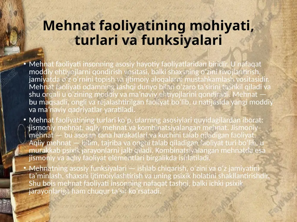 o‘llab-quvvatlash uchun o‘quv va treninglar muvozanatli psixik jarayonlar ish samaradorligini oshiradi, shuningdek, ishchi salomatligi va yaxshi kayfiyatni ta’minlaydi. mehnat faoliyatining samaradorligi va psixik jarayonlar o‘rtasidagi bog‘liqlik mehnat samaradorligi ko‘plab omillarga bog‘liq, lekin psixik jarayonlarning holati va sifatli ishlashi eng asosiy omillardan biridir. yuqori darajadagi diqqat, tezkor va to‘g‘ri fikrlash, mustahkam xotira mehnat jarayonini yengillashtiradi va natijani yaxshilaydi. aksincha, charchoq, stress, emotsional zo‘riqish va diqqatning pasayishi mehnat samaradorligini pasaytiradi, xatolarga olib keladi va ish sifatini yomonlashtiradi. shuning uchun mehnat psixologiyasi sohasida psixik jarayonlarni o‘rganish, ularni boshqarish va optimallashtirish yo‘llari tadqiq etiladi. bu ish joyida ishchilar sog‘lom va samarali faoliyat yuritishini ta’minlashga yordam beradi. mehnat faoliyatida diqqat va uni boshqarish usullari diqqat — bu inson psixikasining eng muhim psixik jarayonlaridan biri bo‘lib, uning asosiy vazifasi ma’lumotlarga qaratilgan ongli e’tibor hisoblanadi. mehnat jarayonida diqqatning sifati va samaradorligi ishning muvaffaqiyatli bajarilishi uchun juda muhimdir. diqqatning to‘planishi va davomiyligi ish unumdorligiga bevosita ta’sir qiladi. masalan, …