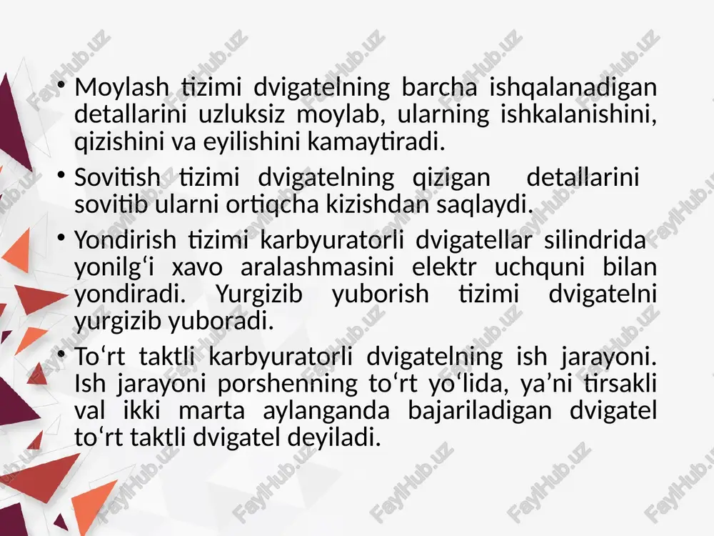 rdan karterga aralashma kiritish to‘xtaydi va karterdagi aralashmani porshen siqa boshlaydi. keyin porshen chiqarish tuynugini ochadi, ishlatilgan gazlar silindrdan bu tuynuk orqali tashqariga chiqa boshlaydi, natijada silindrdagi bosim tez kamayadi, so‘ngra porshen puflash tuynugini ochadi. bunda karbyurator siqilgan aralashma puflash kanali orqali silindrga kira boshlaydi. kiritish va chiqarish tuynuklari ochiq bo‘lganligi sababli, silindrga karterdan kirgan aralashma ishlatilgan gazlarni haydab tashqariga chiqaradi. ko‘p silindrli to‘rt taktli dvigatellarning ish jarayoni. bir silindrli to‘rt taktli dvigatelning ish jarayoni jadvalda keltirilgan. demak, bir silindrli to‘rt taktli dvigatelda porshenning to‘rt yo‘lidan faqat bittasi ish yo‘li bo‘lib, qolgan uchtasi yordamchi taktlarga to‘g‘ri keladi. dvigatel tirsakli valining uchiga maxkamlangan maxovik ish yo‘li taktida o‘ziga energiya to‘plab, uni yordamchi taktlarni bajarishga sarflaydi. to‘rt silindrli dvigatelda tirsakli valining ikkinchi va uchinchi tirsaklari bir tekislikka joylashtirilib, birinchi va to‘rtinchi tirsaklari ikkinchi va uchinchilariga nisbatan 180o burchak hosil etadi. dvigatel ishlayotgan vaqtda i va iv silindrlar porsheni pastga harakat qilsa ii …
