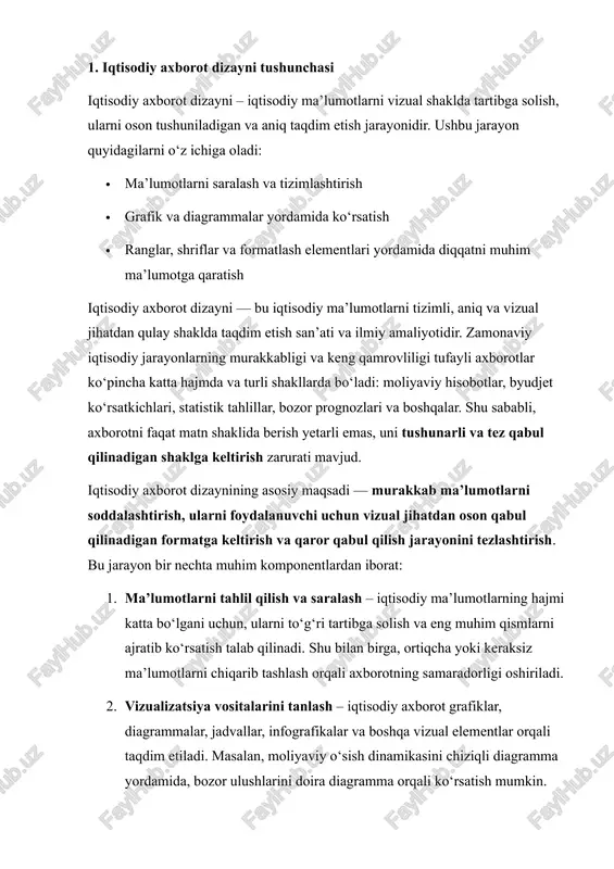 o‘limning aniq sarlavhalari, jadval va diagrammalar bilan birgalikda tuzilishi, iqtisodiy ma’lumotlarni tushunishni osonlashtiradi va qaror qabul qilish jarayonini optimallashtiradi. shu bilan birga, iqtisodiy axborot dizayni faqat vizual jihatdan chiroyli bo‘lish bilan kifoyalanmaydi, balki analitik qobiliyatni oshirish, qaror qabul qilishda xatoliklarni kamaytirish va foydalanuvchiga tezkor ma’lumot yetkazish kabi funksiyalarni ham bajaradi. zamonaviy biznes va iqtisodiyotda raqobatbardoshlikni ta’minlash uchun bu jihat ayniqsa muhimdir. umuman olganda, iqtisodiy axborot dizayni — bu ilmiy tahlil, vizual san’at va axborot texnologiyalarini birlashtirgan multidisipliner yo‘nalish bo‘lib, u iqtisodiy jarayonlarni tushunish, kuzatish va boshqarishni sezilarli darajada soddalashtiradi. 2. word dasturida maketlar va uslublar imkoniyatlari microsoft word quyidagi imkoniyatlarni taklif etadi: · sahifa maketlari: qog‘oz o‘lchami, chekka va satrlar, ustunlar, fon · stil va uslublar: matnni tez va bir xil formatlash imkoniyati · jadvallar: iqtisodiy ma’lumotlarni tartibli ko‘rsatish · diagrammalar: ma’lumotlarni grafik ko‘rinishda vizualizatsiya qilish · shakllar va smartart: murakkab tushunchalarni soddalashtirish microsoft word – bu faqat matn yozish …