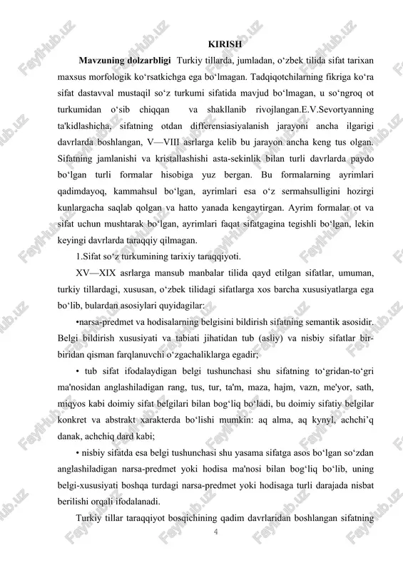tlari bo‘lishi mumkin. ular so‘zning yoki so‘z qismidagi ma'nasini ifodalaydigan muhim elementlardir. 2. roman ustida o‘quvchilar tez-tez munozara qilish, asar tahlil qilish va uning tafsilotlarini tushunish orqali o‘zbek tilida sifat yasashni yanada chuqur tushunishlari mumkin. kurs ishining mazmuni: u kirish, asosiy qism, to‘rt reja, xulosa va foydalanilgan adabiyotlar ro‘yxatidan iborat. i.bob sifatning sintaktik belgilari haqida nazariy ma’lumot 1.1. sifat darajalari va uning intensiv formalari. a) sifat gapda otga ba'zan fe'lga bog‘lanib keladi: aqlli bola yaxshi gapiradi; b) sifat o‘zi bog‘lanib kelayotgan so‘z bilan ohang va tartib yordamida bog‘lanadi, bitishuv munosabatida bo‘ladi; v) sifat gapda asosan sifatlovchi-aniqlovchi, kesim, ba'zan ravish holi vazifasida qo‘llanadi; g) sifat gap tarkibida otlashadi. bunda gap tarkibida sifat bog‘lanib kelayotgan so‘z tushib qoladi, sifat ot ifodalagan ma'noni ham, vazifani ham o‘z ustiga oladi. shu tufayli u ot kabi egalik, kelishik qo‘shimchalarini olib, o‘zgaradi, turlanadi. bunday holatda gapda ega, to‘ldiruvchi, qaratqich aniqlovchi vazifasini bajaradi. masalan; yaxshi yaxshiga yondashtirar, …