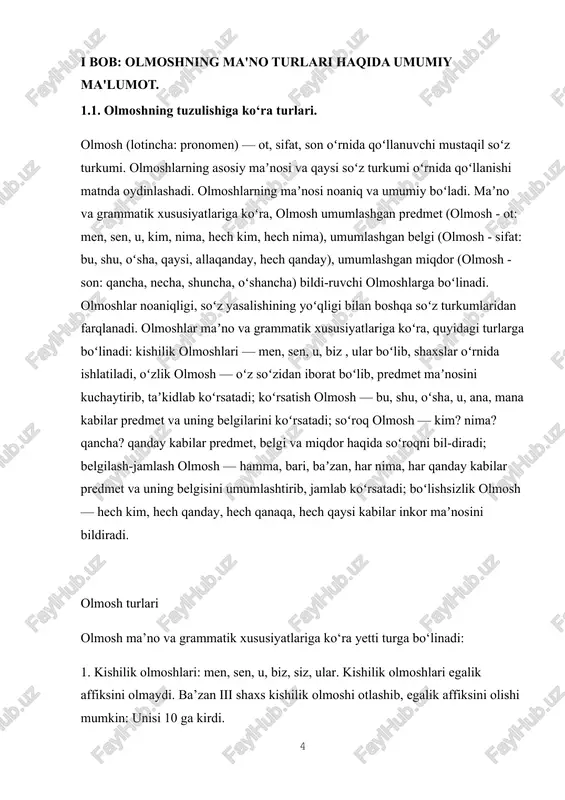 so‘zlar turkumi fe’l deyiladi. fe’l quyidagi xususiyatlarga ega. fe’l tuslanadi. fe’l turkumidagi so‘zlarning shaxs-son qo‘shimchalarini olib o‘zgarishi tuslanish deyiladi. shaxs-son qo‘shimchalari tuslovchi qo‘shimchalar deyiladi. tuslanish fe’lning mayl, zamon va shaxs-son formalarini olib o‘zgarishidir. shaxs-son tushunchasi (kategoriyasi) shaxs-son tushunchasi fe’l anglatgan harakat-holatning bajaruvchiga bo‘lgan munosabatini ifodalaydi. i shaxs-so‘zlovchi; ii shaxs-tinglovchi, iii shaxs-nutq jarayonida ishtirok etmayotgan shaxs. i shaxs: bordim bordik, boryapmiz ii shaxs: bording, boryapsan bordingiz, boryapsiz iii shaxs: bordi, boryapti bordilar, boryapti(lar) gap ichida ot, sifat, son, ravish, ba’zan so`z birikmasi va gap o`rnida qo`llana oladigan, aniq lug`aviy ma’noga ega bo`lmagan so`z turkumi olmoshdeb ataladi: 1) ot o`rnida: karim juda quvondi, chunki u o`z orzusiga erishgan edi. 2) sifat o`rnida: kechagi kitobingni berib tur, men shu kitobdan misollar olmoqchiman. 3) son o`rnida: menda ikkita qalam bor, senda nechta bor? 4) ravish o`rnida: men bugun ketaman, sen qachon ketasan? 5) so`z birikmasi o`rnida: yomon so`z bosh qozig`idir, shunday so`zni gapirmagan ma’qul. …