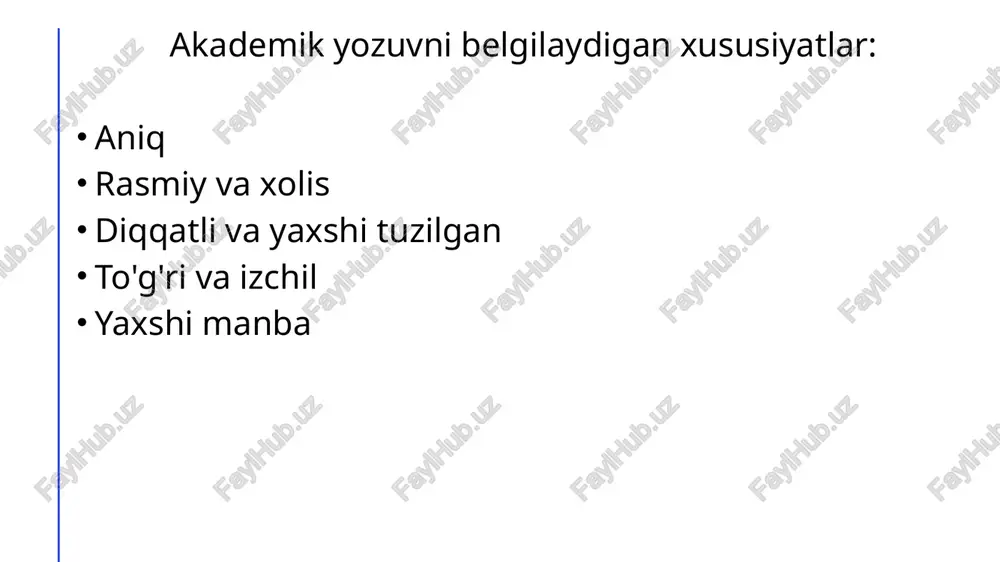 manbalar bilan ishlash va ularni to‘g‘ri tahlil qilishdir. manbalardan foydalanish akademik yozuvning ishonchliligini va ilmiy asoslanganligini ta’minlaydi. manbalar bilan ishlash qoidalari: manbalarni tanlashda ehtiyotkorlik: faqat ishonchli va ilmiy manbalardan foydalanish kerak. bu nashr qilingan ilmiy maqolalar, kitoblar, dissertatsiyalar va boshqa ilmiy ishlar bo‘lishi mumkin. manbalardan olingan ma’lumotlarni tahlil qilish: har bir manbadan olingan ma’lumotni diqqat bilan tahlil qilish va o‘rganilgan faktlarni keltirish zarur. referensiya va iqtibos berish: har bir foydalanilgan manba uchun to‘g‘ri referensiya berish va iqtiboslarni to‘g‘ri keltirish plagiatning oldini oladi. referensiya referensiya bu - oʻz-oʻzini baholash va qaror qabul qilishda shaxsiy va tashqi fikrlarning nisbati. referensiyaning uch turi farqlanadi: tashqi – bu atrofdagilarning fikriga, ob’yektiv natijalarga, qabul qilingan me’yorlarga, jamoatchilik fikriga yoʻnaltirish; ichki – birinchi navbatda shaxsiy fikriga, qarash va pozitsiyaga e’tibor qaratishni anglatadi; aralash referensiya – bu tashqi va ichki referensiyaning birikuvi. manbalar va adabiyotlar bilan ishlashda asosiy tamoyillar: 1. manbalarni keltirish: manbalardan to‘g‘ri iqtibos keltirish va …