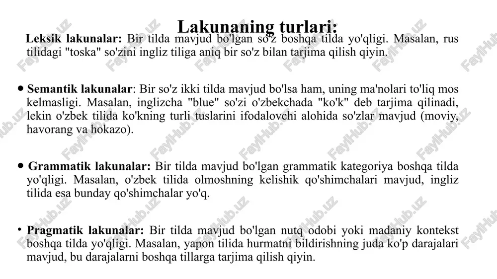 rning zidida ham ko‘rishimiz mumkin. o‘z-o‘zidan ma’lumki, tegishli leksik birlik bo‘lmasa, u sintaktik sathda, kommunikatsiya jarayonida zaruriyat bo‘lgan taqdirda boshqa jumlalar bilan go‘yoki qoplanadi. lakunalarning yuzaga kelishi natijasida nafaqat nutq tizimlarining leksik va grammatik “dizayni”da, balki o‘zaro bog‘langan tillarning semantik hajmlarida ham ta’sir va farq seziladi. g.a.antipov, o.a.donskix, i.yu.markovina va yu.a.sorokinlar bo‘shliqlarni bartaraf etish ikki asosiy: to‘ldirish va kompensatsiyalash (qoplash) usulida amalga oshirilishini ta’kidlaydi. o‘z o‘rnida, ayrim tadqiqotchilar o‘rtasida ushbu atamalarni ajratish va talqin qilishda ham o‘zaro kelishuv mavjud emas. jumladan, i.yu.markovina lakunalarning kompensatsiyasi va ularning to‘ldirilishini ikki asosli lingvistik atama (hodisa)lar sifatida talqin qiladi . i.a.sternin esa a.dudaning fikriga tayanib, kompensatsiya, kompensator atamalarini izohlaydi. l.a.leonova, aksincha, lakunaning kompensatsiyalashni boshqasiga almashtirish orqali to‘ldirish deya izohlaydi. bu, bizning fikrimizcha, noto‘g‘ri talqindir. lakunalarni umuman, bartaraf etish (kompensatsiyalash, to‘ldirish) masalasi jahon tilshunosligida kam o‘rganilgan bo‘lib, boshqa tillarda ham bu munozarali jarayondir. “transformatsiya” - (lotincha) o‘zgartirish, almashtirish degan ma’nolarni ifodalaydi, tarjimada ularning leksik, stilistik …