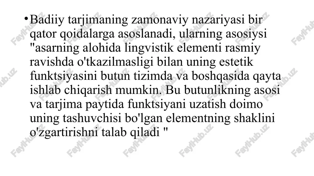 eradi, bu hamkorlik yoki ziddiyatni ko'rsatadi. hamkorlik bo'lishi uchun tarjimon "muallifning estetikasini, uning tafakkuri va ifoda uslubini chuqur o'rganibgina qolmay, ularga ko'nikib, ularni bir muncha vaqt o'zlashtirishi kerak. to'liq tarjima muallifning butun asarini va tarjima qilingan asarning yaratilishining barcha sharoitlarini chuqur bilishni talab qiladi’’ yozuvchining idiostilini etkazishning qiyinchiliklari badiiy matnni tarjima qilishning stilistik muammolari bilan bevosita bog'liq. badiiy matn tarjimasi birinchi navbatda talqin bo'lgani uchun, ob'ektiv va sub'ektiv uslubiy siljishlar muqarrar. a. popovich asl nusxadagi stilistik o'zgarishlarning quyidagi turlarini aniqlaydi: uslubiy moslik, uslubiy almashtirish, uslubiy almashtirish yoki inversiya, uslubiy mustahkamlash, uslubiy tipifikatsiya, stilistik individuallashtirish, stilistik zaiflashish, uslubiy tekislash va uslubiy yo'qotish uslubiy xarakterdagi siljishlar ma'lum tendentsiyalarni ifodalaydi, bunda tarjimon o'zini ijodiy shaxs sifatida namoyon qiladi va umuman olganda, tarjimonning ijodiy individualligini aks ettiradi, bu "asl matndan chetga chiqish tizimi bo'lib, u muayyan ijodiy tamoyillarga borib taqaladi. a.s.nazin ta'kidlaganidek "tarjima matni o'ziga xos belgilarni o'z ichiga oladi, buning asosida matnni tarjima …