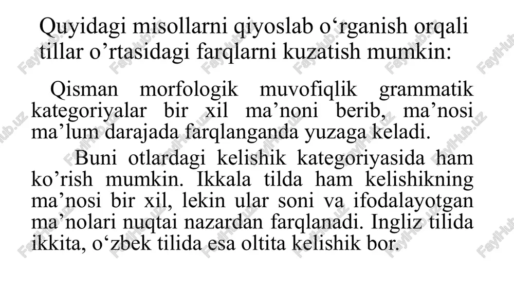 almashtirish orqali fe’lning ma’nolari ochib beriladi: he says he will come. - u kelishini aytyapti. he said he would come. - u kelishini aytdi. o‘zbek tilida shunga o‘xshash so‘z shakli bo‘lmaganligi tufayli so‘zlarning ma’nolari boshqa grammatik vositalar yordamida ifodalangan. o‘zbek tilida fe’l funksiyasi sifatdosh qo‘shimchasi -jak yoki xarakat nomi -(i)sh qo‘shimchalari bilan ifodalanadi. gap bo‘laklari o‘rnini almashtirishning shartli va ixtiyoriy turlari mavjud. tarjimada shartli urin almashtirish asliyat tilidagi gap bo‘laklarida ishlatilgan vositaning tarjima tilida mavjud emasligi yoki mos kelmasligida ko’rinadi (masalan, ingliz tilidagi artikl). o‘zbek tilida artikl bo‘lmaganligi uchun uni tarjima qilishda turli leksik va grammatik vositalardan foydalaniladi. artikl gumon, ko‘rsatish olmoshlari, son va urg’u vazifalarida ham kelishi mumkin. shuning uchun o‘zbek tilida artikllarning ma’nosini beradigan turlicha vositalardan foydalaniladi: when we were in majorca, there was a mrs. leech there and she was telling us most wonderful things about you. (a. christie) - biz mayorkada bo‘lganimizda qandaydir missis lich bor …