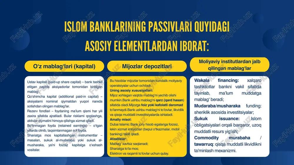 tadi. mijoz investitsiyadagi barcha tavakkalni o‘z zimmasiga oladi (bankning xatti-harakatlari noto‘g‘ri bo‘lmasa). nazorati..... foyda tenglashtirish zaxirasi shariat nazorati tavakkal va javobgarlik bank foyda miqdorini barqaror saqlash maqsadida rezerv fondi yaratish huquqiga ega. bu fond foydalarning o‘zgarishini yumshatadi va mijozlarga barqaror daromad ta’minlaydi. rezervdagi ortiqcha mablag‘lar muddat tugagach, mijozlarga qaytariladi. barcha investitsiyalar bankning ichki shariat kengashi (issc) tomonidan nazorat qilinadi. bu kengash barcha operatsiyalarni qur’on, sunnat va aaoifi standartlariga muvofiqligini tekshiradi. mijoz bu shartnoma shariatga to‘liq mos ekanligini tan oladi. mijoz investitsiyadagi zararni to‘liq o‘z zimmasiga oladi (agar bank qasddan xato qilmagan bo‘lsa). bank faqat o‘zining qo‘pol beparvoligi yoki qonun buzilishi sababli zarar bo‘lsa javobgar bo‘ladi. mijoz investitsiyani muddatidan oldin yechmoqchi bo‘lsa, bank bunga ruxsat berish yoki rad etish huquqiga ega. muhim eslatmalar foyda stavkasi oldindan faqat taxminiy bo‘ladi, aniq miqdor kafolatlanmaydi. mijoz o‘z mablag‘ining bir qismini yoki to‘liq yo‘qotish xavfini qabul qiladi. islom banklari passivlarida joriy va jamg‘arma hisoblarning strategik …