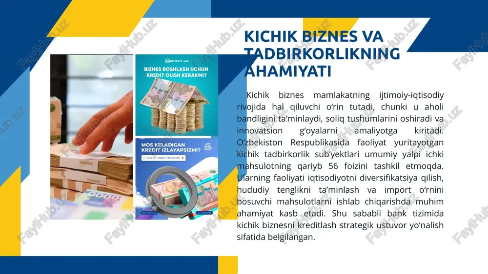 b, riskni kamaytirishga yordam bermoqda. raqamli kreditlar moliyaviy inklyuziyani kengaytirishda muhim omil bo‘lib, ayniqsa yosh tadbirkorlar uchun yangi imkoniyatlar yaratmoqda. kredit olishdagi muammolar va yechimlar kichik biznes sub’yektlari kredit olish jarayonida bir qator muammolarga duch keladi. eng asosiylaridan biri — garov ta’minoti yetishmasligi va moliyaviy hisobotlarning zaif yuritilishidir. ba’zi hududlarda bank infratuzilmasining cheklanganligi ham muammo bo‘lib qolmoqda. shu bois davlat va banklar tomonidan soddalashtirilgan kredit baholash tizimlari, onlayn ariza topshirish imkoniyatlari va “bir darcha” xizmatlari joriy etilmoqda. bularning barchasi kredit olish jarayonini tezlashtiradi, shaffoflikni ta’minlaydi va tadbirkorlar uchun qulay muhit yaratadi. xulosa va takliflar o‘zbekistonda kichik biznesni kreditlash tizimi izchil rivojlanmoqda va zamonaviy moliyaviy mahsulotlar tobora kengayib bormoqda. ishchi kapital, investitsion, mikrokredit, lizing, faktoring hamda raqamli kreditlar tadbirkorlikni yangi bosqichga olib chiqmoqda. biroq, ularning samaradorligini oshirish uchun banklar o‘rtasida raqobatni kuchaytirish, risklarni kamaytirish va shaffoflikni ta’minlash zarur. kelajakda sun’iy intellekt va raqamli texnologiyalar asosida avtomatik kreditlash tizimlarini keng joriy etish …