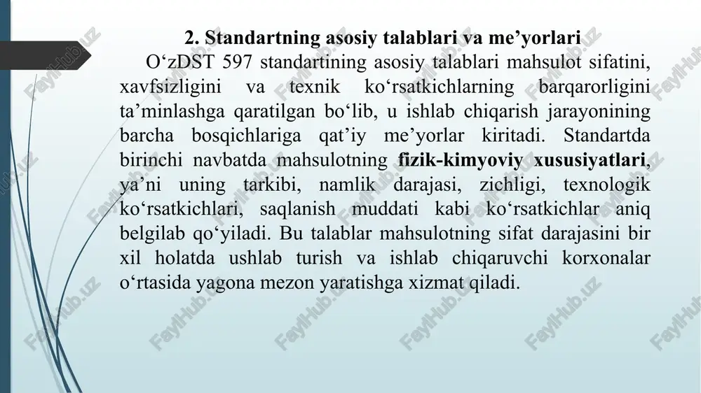 iste’molchilar uchun esa ushbu standart mahsulot sifati va xavfsizligiga kafolat beradi. natijada, o‘zdst 597 nafaqat ishlab chiqaruvchilar, balki jamiyat uchun ham muhim ahamiyatga ega bo‘lgan me’yoriy-huquqiy vosita hisoblanadi. xulosa o‘zdst 597 davlat standarti mahsulot sifati va xavfsizligini ta’minlashda asosiy me’yoriy hujjatlardan biri hisoblanadi. ushbu standart ishlab chiqarishning har bir bosqichini tartibga solib, xom ashyo tanlashdan tortib tayyor mahsulotni iste’molchiga yetkazishgacha bo‘lgan jarayonlarda qat’iy talablar qo‘yadi. standartning joriy etilishi korxonalarda sifat nazoratini kuchaytiradi, texnologik jarayonlarning zamonaviy talablar asosida olib borilishini ta’minlaydi hamda mahsulotni bozorga raqobatbardosh holatda chiqarishga imkon yaratadi. shuningdek, o‘zdst 597 nafaqat ishlab chiqaruvchilar uchun, balki iste’molchilar manfaatlari uchun ham xizmat qiladi. chunki mazkur standartga amal qilinishi mahsulotning xavfsiz, ishonchli va sifatli bo‘lishini kafolatlaydi. natijada, ushbu standartning amaliyotga joriy qilinishi mamlakatda ishlab chiqarish madaniyatini oshirish, sifat tizimini takomillashtirish va xalqaro bozorlarga chiqish imkoniyatlarini kengaytirishga xizmat qiladi. /docprops/thumbnail.jpeg