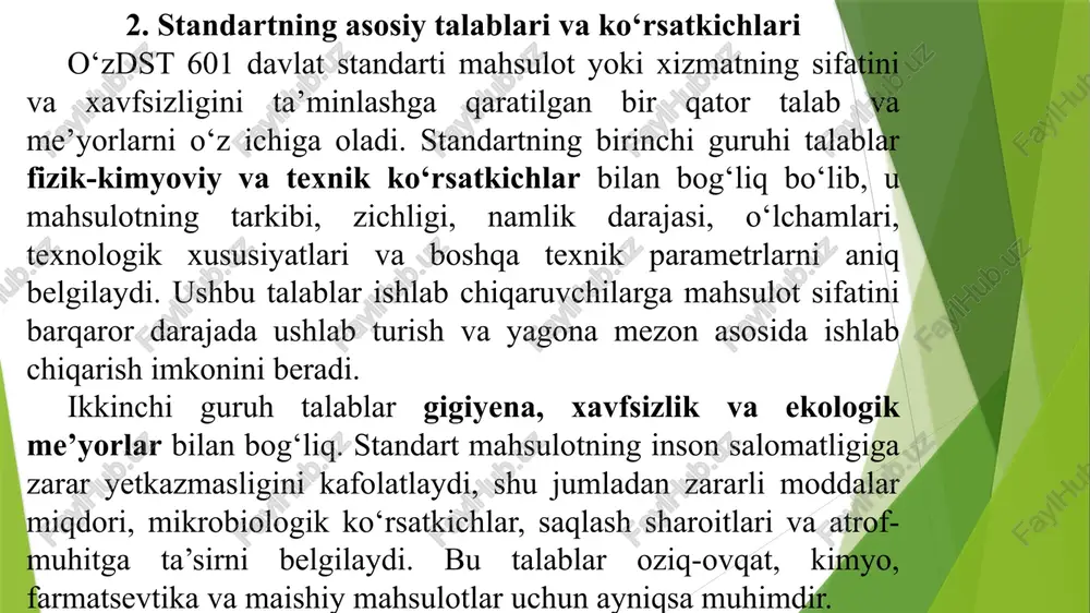 llash natijasida nosoz yoki xavfli mahsulotlar oldini olish, texnologik jarayonlarni optimallashtirish, resurslardan samarali foydalanish va ishlab chiqarishdagi xatoliklarni kamaytirish mumkin bo‘ladi. iste’molchilar uchun esa o‘zdst 601 mahsulot yoki xizmatning sifatli va xavfsiz bo‘lishini kafolatlaydi, natijada standart jamiyat va iqtisodiyot rivojida ham muhim ahamiyat kasb etadi. xulosa o‘zdst 601 davlat standarti mahsulot va xizmat sifatini ta’minlash, xavfsizlikni kafolatlash va ishlab chiqarish jarayonlarini tartibga solishda muhim hujjat hisoblanadi. standartning joriy etilishi ishlab chiqaruvchilarga texnologik jarayonlarni takomillashtirish, sifat nazoratini kuchaytirish va mahsulot yoki xizmatni barqaror darajada yetkazib berish imkonini beradi. shuningdek, o‘zdst 601 iste’molchilar uchun ham katta ahamiyatga ega, chunki u mahsulot va xizmatning xavfsiz, sifatli va ishonchli bo‘lishini kafolatlaydi. standartning qo‘llanilishi korxonalarga raqobatbardosh mahsulot ishlab chiqarish, resurslardan samarali foydalanish va eksport imkoniyatlarini kengaytirish imkonini beradi. natijada, o‘zdst 601 nafaqat ishlab chiqaruvchilar, balki jamiyat va iqtisodiyot rivoji uchun ham muhim ahamiyatga ega bo‘lgan me’yoriy-huquqiy vosita hisoblanadi. /docprops/thumbnail.jpeg
