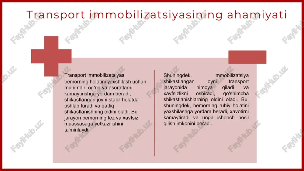 tayoq bilan oddiy sharoitlarda immobilizatsiya qilish mumkin. transport immobilizatsiyasi qoidalari fiksatsiya qilish prinsipi shikastlangan joy harakatsiz holatda fiksatsiya qilinadi, qo'shimcha shikastlanish va og'riq oldini olish uchun ehtiyotkorlik bilan bajariladi. shina qamrab olishi shartlari shina ikki bo'g'imni (yuqori va pastki) qamrab olishi kerak. kiyimyechmasdan, faqatzarurjoyni ochib immobilizatsiya qilinadi. yumshoq mato qo'yiladi, tez va ehtiyotkorlik bilan bajariladi. xulosa transport immobilizatsiyasi bemorning og‘riq va asoratlarini kamaytiradi, xavfsizlikni ta’minlaydi. turli usullar va vositalar mavjud bo‘lib, har bir holatga mos tanlov muhim. to‘g‘ri bajarilgan immobilizatsiya bemorning xavfsizligini oshiradi va davolashni yengillashtiradi. shu sababli, u shikastlanishlarga qarshi samarali himoya va tez yordam uchun muhimdir. foydalanilgan adabiyotlar 1. qo‘riq va shikastlanishlarni immobilizatsiya qilish bo‘yicha xalqaro amaliyotlar va tavsiyalar. toshkent tibbiyot akademiyasi nashriyoti, 2020. 2. transport immobilizatsiyasi va shartli vositalarning tibbiyotda qo‘llanilishi. o‘zbekiston sog‘liqni saqlash vazirligi nashri, 2018. 3. shikastlanishlarni transport qilishda immobilizatsiya usullari va vositalari. tibbiyot va sog‘liqni saqlash jurnali, 2021, 12(3): 45-53. 4. transportda shikastlangan bemorlarni …