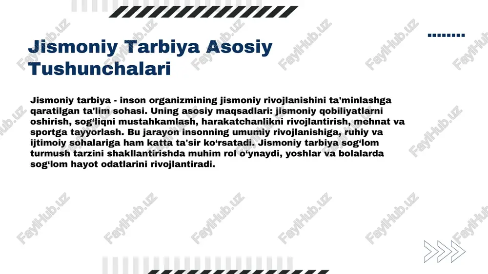 i muomala, jamoaviy ishlash va liderlik kabi kasbiy ko'nikmalarni ham shakllantiradi. masalan, sportdagi muvaffaqiyatlar mehnat muhitida qat'iyat va strategik fikrlashni rivojlantiradi. jismoniy faoliyat va jamoaviy ish o'rtasidagi bog'lanish katta. guruh bo'lib sport bilan shug'ullanish jamoa ishining muhim elementlarini — kommunikatsiya, muvofiqlashtirish va muammolarni hal qilishni o'rgatadi. bu kasbiy muhitda ham jamoa bilan ishlashda muhim ahamiyatga ega. kasbiy muvaffaqiyat uchun jismoniy tayyorgarlik muhim. yaxshi jismoniy shaklda bo'lish stressni yengishga yordam beradi, konsentratsiyani oshiradi va mehnat samaradorligini yuqori darajaga olib chiqadi. shu bilan birga, jismoniy tarbiya sog'liqni saqlash va uzoq muddatli professionallikni ta'minlaydi. jismoniy tarbiyaning umumiy foydalari jismoniy tarbiya inson salomatligini mustahkamlashda muhim rol o'ynaydi. bu nafaqat mushaklar kuchini oshiradi, balki yurak-qon tomir tizimini rivojlantiradi va immunitetni mustahkamlashda yordam beradi. ruhiy salomatlikka ta'siri: jismoniy faoliyat stressni kamaytiradi, kayfiyatni yaxshilaydi va depressiya xavfini pasaytiradi. sport bilan shug'ullanish psixologik barqarorlikni ta'minlaydi. ijtimoiy va madaniy ahamiyati: jismoniy faoliyat jamoaviylikni rivojlantiradi, ijtimoiy intizom va jamoaviy ruhni …