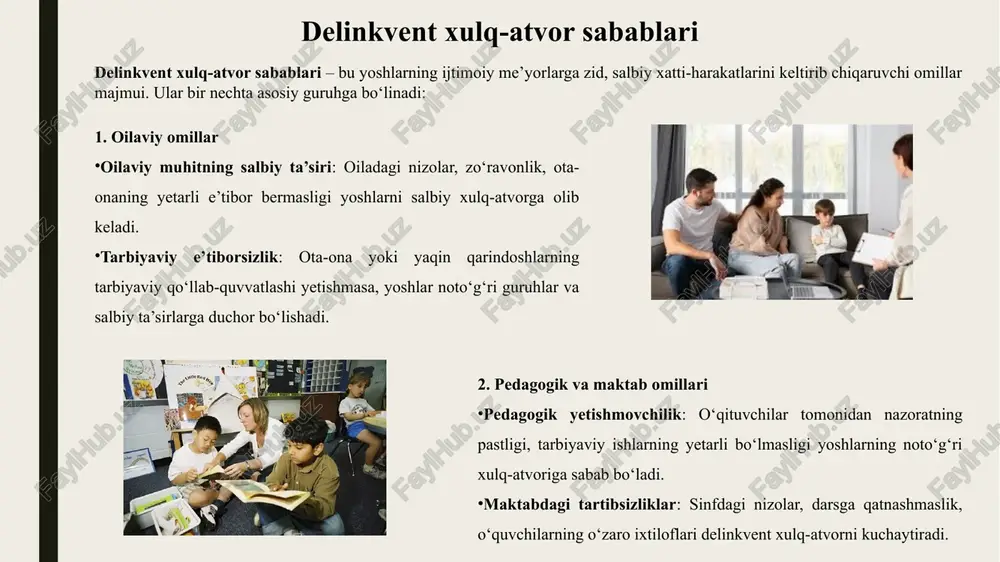 chilik holatlari ortadi. o‘g‘rilik, talon-toroj, zo‘ravonlik va vandalizm kabi xatti-harakatlar ko‘payadi. natijada, jamiyatda qonunbuzarlik va jinoyatchilik darajasi oshadi. 2. jamiyatda tartibsizlik delinkvent xulq-atvor jamiyatdagi ijtimoiy tartib va me’yorlarga bo‘ysunishni zaiflashtiradi. ko‘cha va maktab muhitida nizolar, tartibsizlik va nizoli vaziyatlar ko‘payadi. bu holat jamiyat a’zolari orasida xavotir va ishonchsizlikni kuchaytiradi. 3. o‘smirlar orasida xavfsizlik pasayishi yoshlar o‘zaro xavfsiz muhitda bo‘la olmaydi, ijtimoiy va psixologik stress ortadi. bu o‘smirlarning ruhiy va jismoniy salomatligiga salbiy ta’sir qiladi, ularda qo‘rqinch, yolg‘izlik yoki agressivlik paydo bo‘lishi mumkin. oldini olish choralarini tashkil etish oldini olish choralarini tashkil etish – bu o‘smirlar orasida delinkvent xulq-atvorning rivojlanishini oldini olish, yoshlarni salbiy xatti-harakatlardan himoyalash va ijtimoiy me’yorlarga moslashuvini ta’minlashga qaratilgan tizimli faoliyat. asosiy jihatlar: ijtimoiy qo‘llab-quvvatlash dasturlari yoshlar uchun ijtimoiy, sport va madaniy tadbirlarni tashkil etish; bo‘sh vaqtni mazmunli o‘tkazish orqali salbiy xatti-harakatlardan himoyalash. o‘quvchilar bilan psixologik ishlash psixologlar tomonidan individual va guruh konsultatsiyalari; stressni boshqarish, hissiy intizom va …